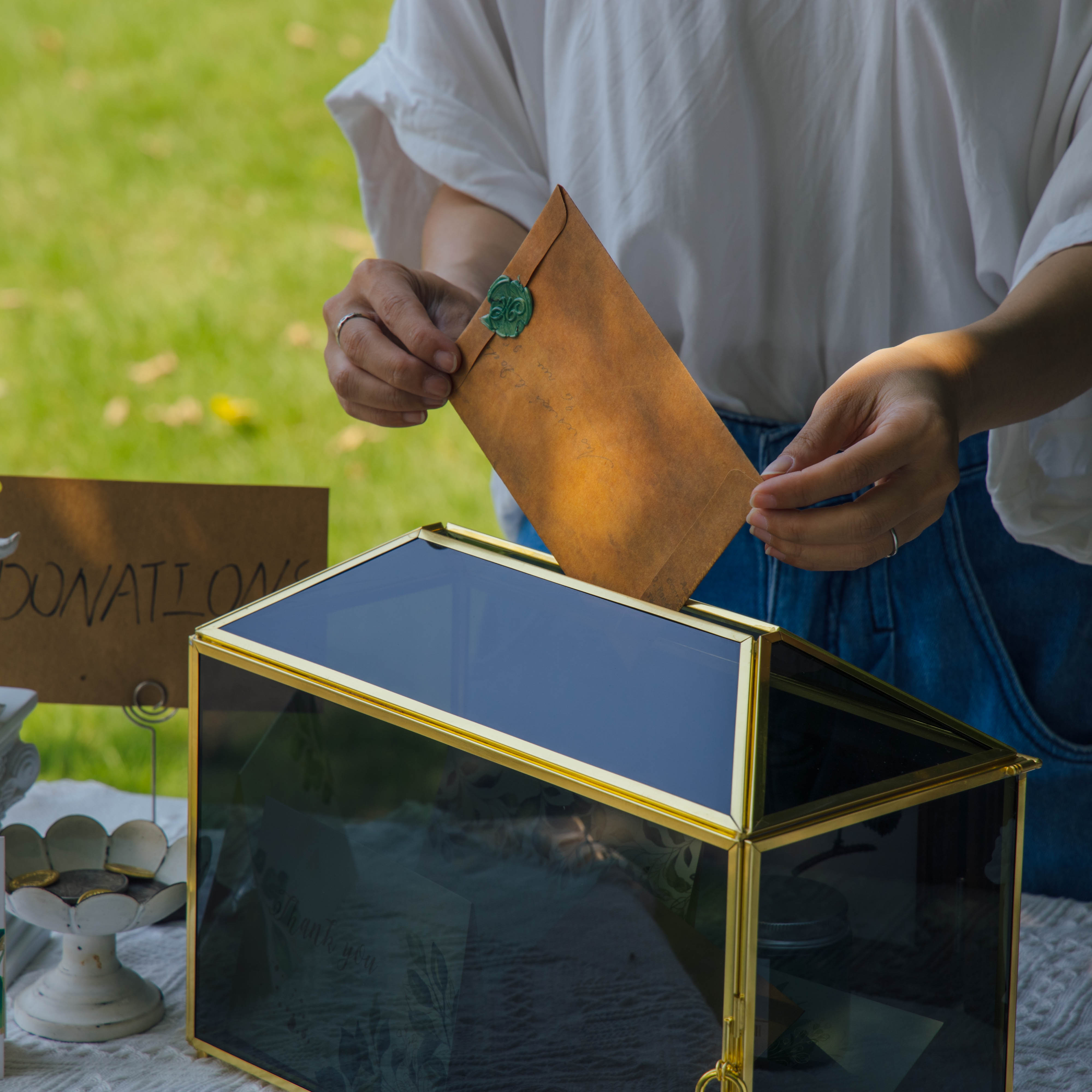 Handmade Black and Gold Large Geometric Glass Donation Box Terrarium with Slot and Lock - NCYPgarden