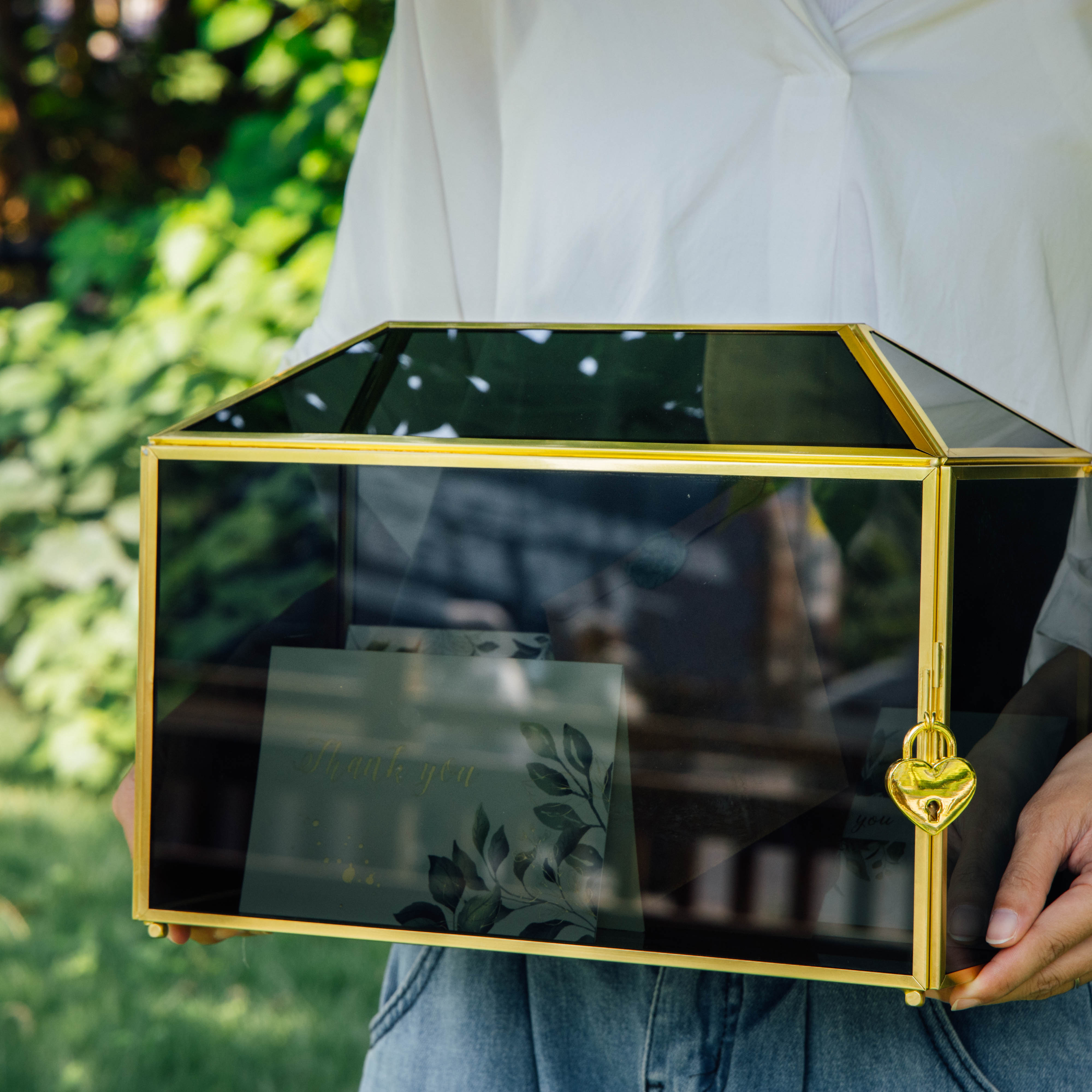 Handmade Black and Gold Large Geometric Glass Donation Box Terrarium with Slot and Lock - NCYPgarden