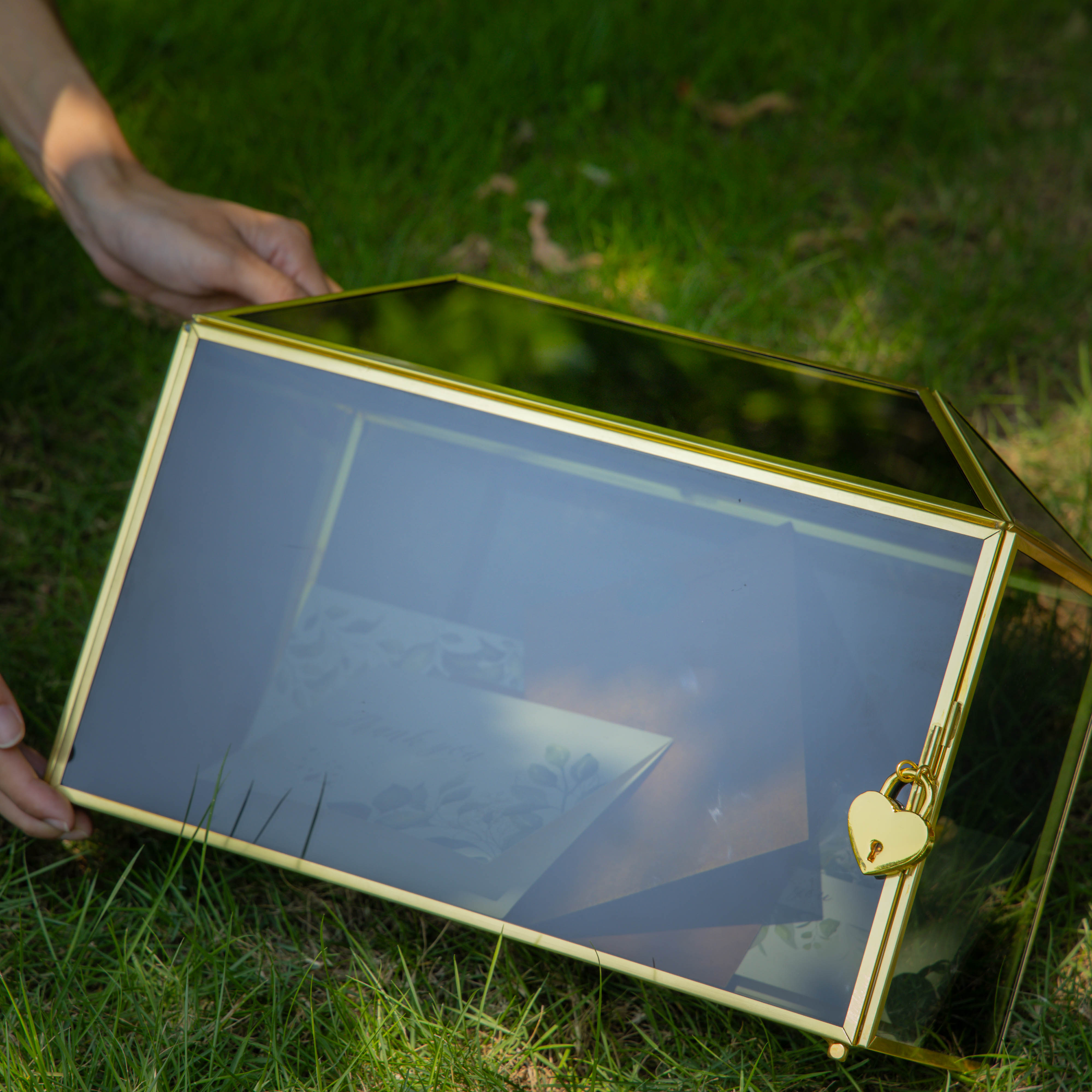 Handmade Black and Gold Large Geometric Glass Donation Box Terrarium with Slot and Lock - NCYPgarden