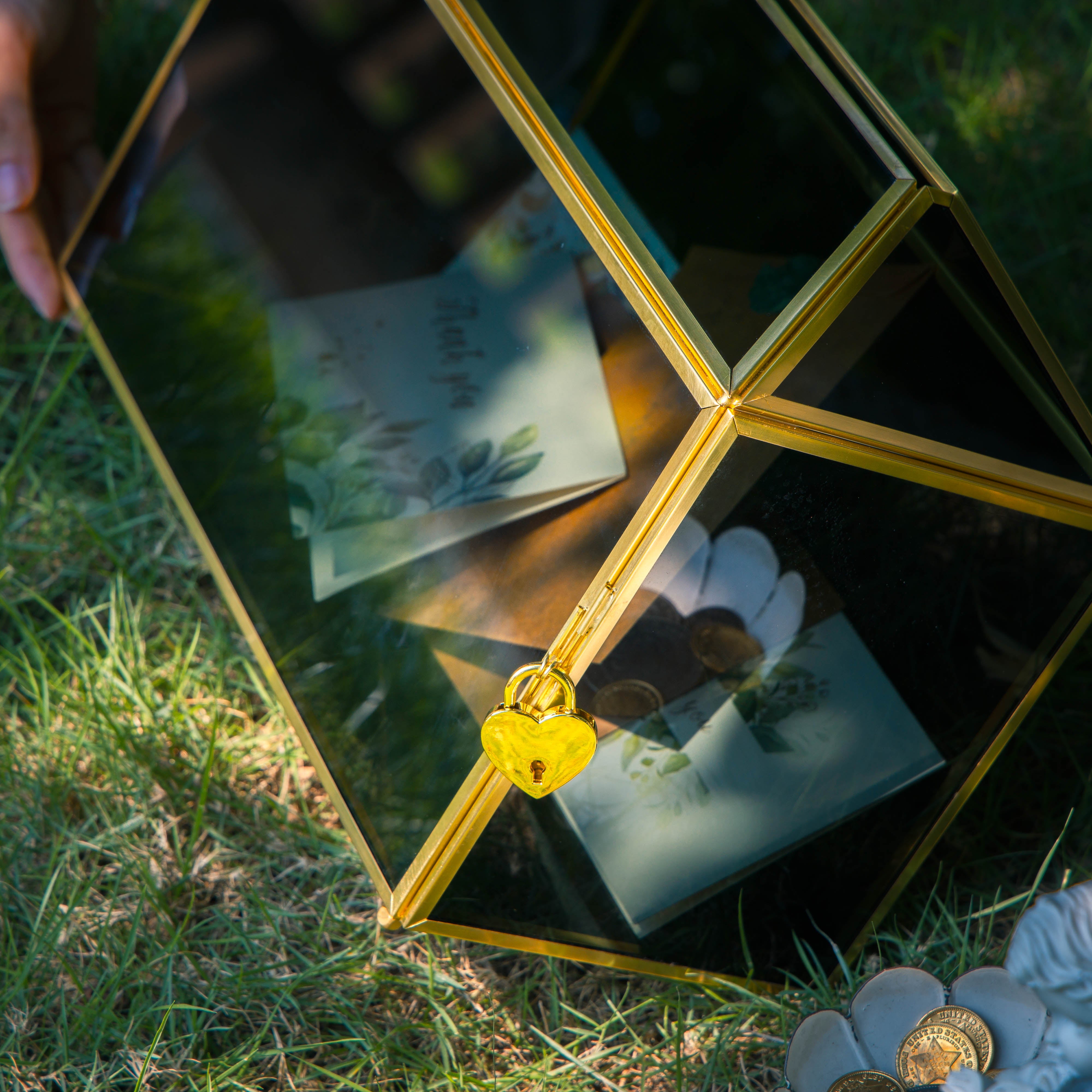 Handmade Black and Gold Large Geometric Glass Donation Box Terrarium with Slot and Lock - NCYPgarden