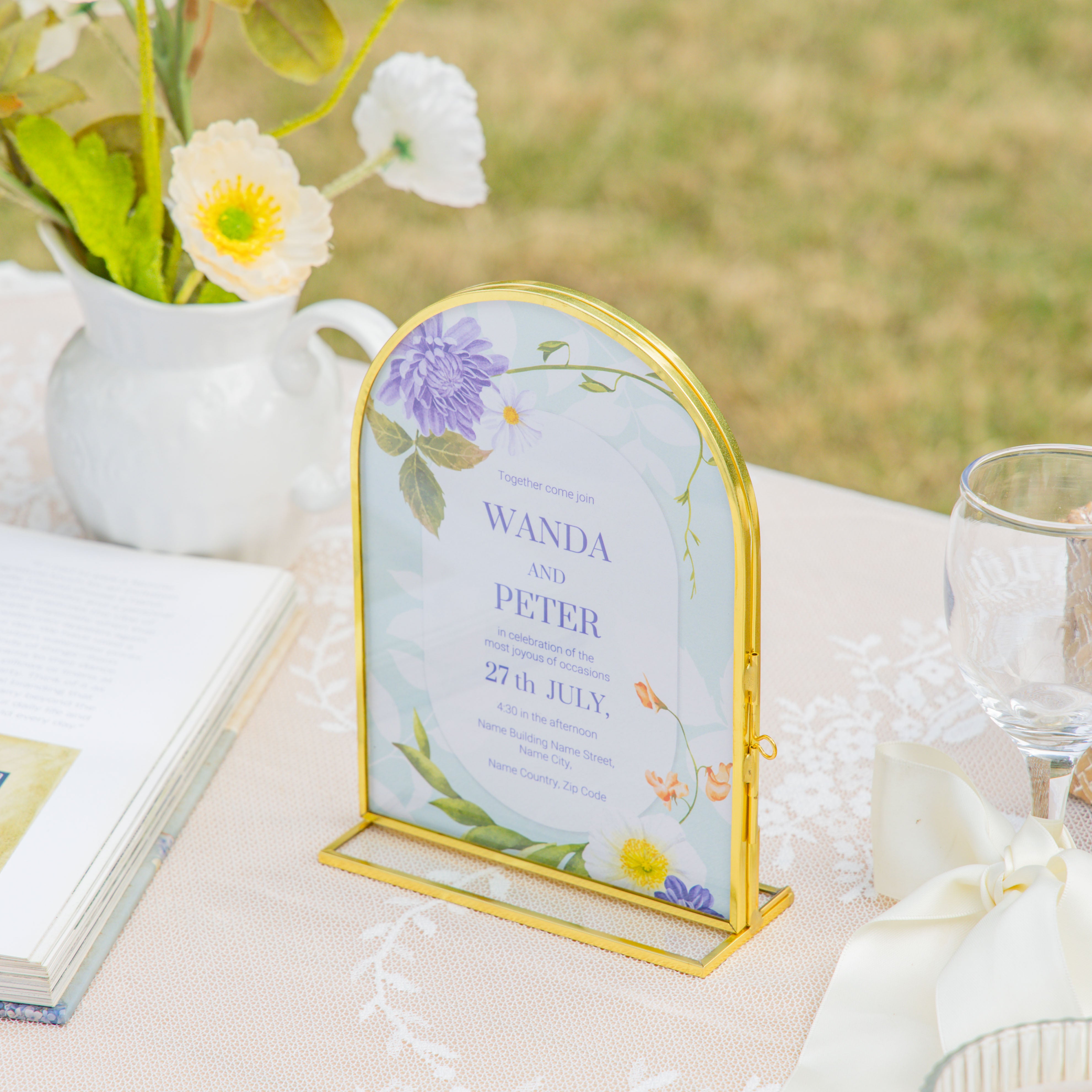 5x7'' Arched Brass and Double Glass Frame,  for Pressed Flowers, Table Number Holder