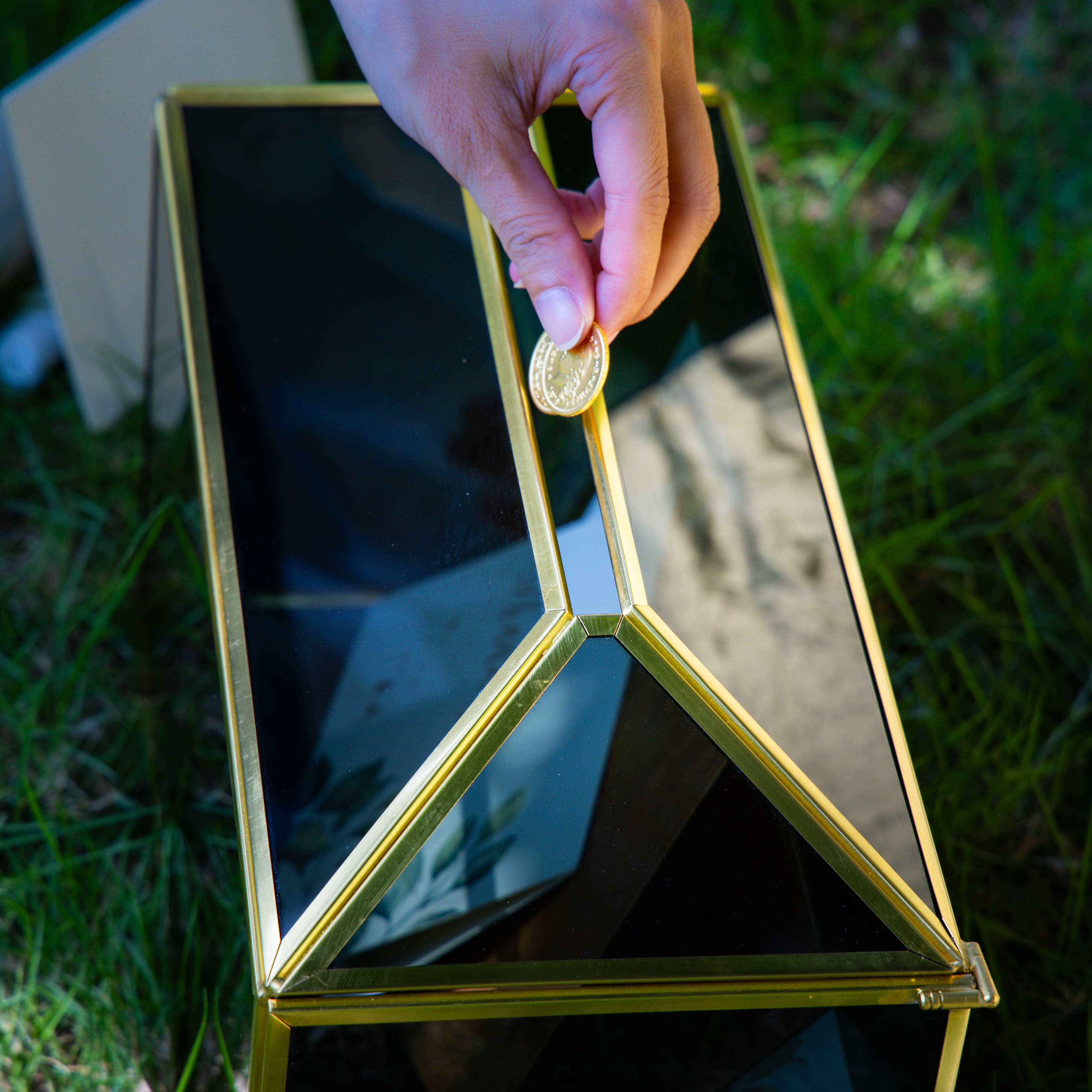 Handmade Black and Gold Large Geometric Glass Donation Box Terrarium with Slot and Lock - NCYPgarden