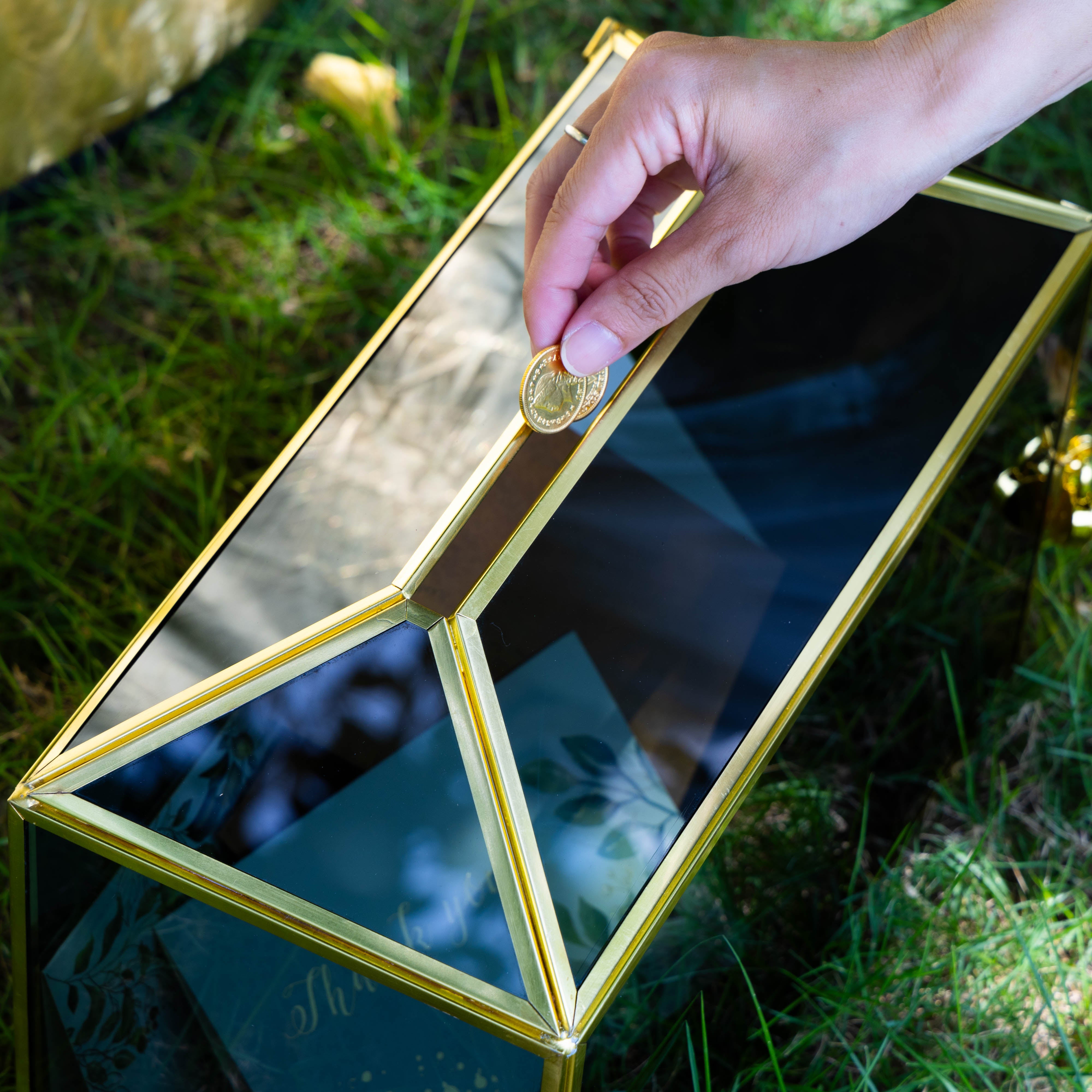 Handmade Black and Gold Large Geometric Glass Donation Box Terrarium with Slot and Lock - NCYPgarden