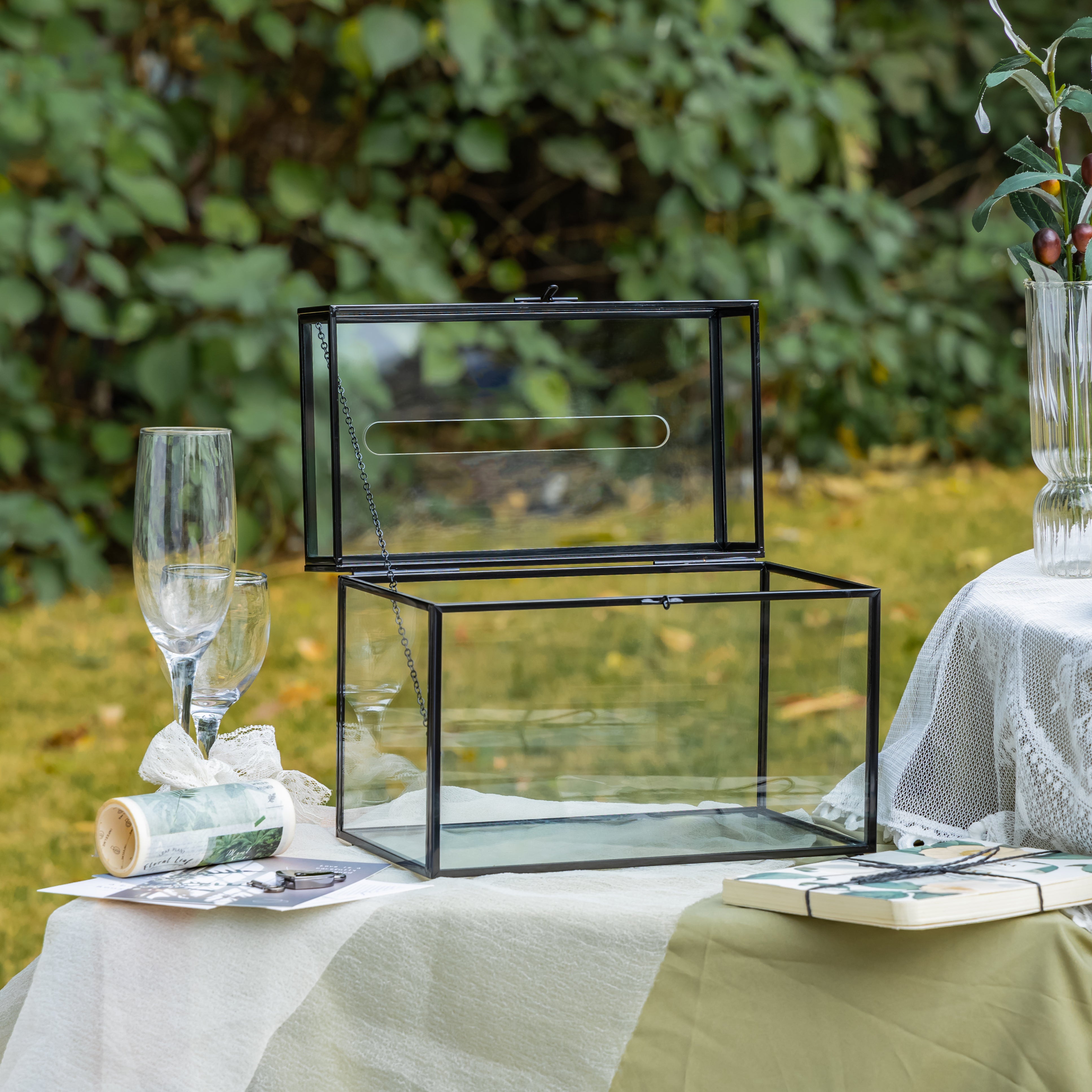 Lockable Black Geometric Glass Card Box Terrarium Foot Handmade Rectangular for Wedding Reception Wishwell Keepsake - NCYPgarden