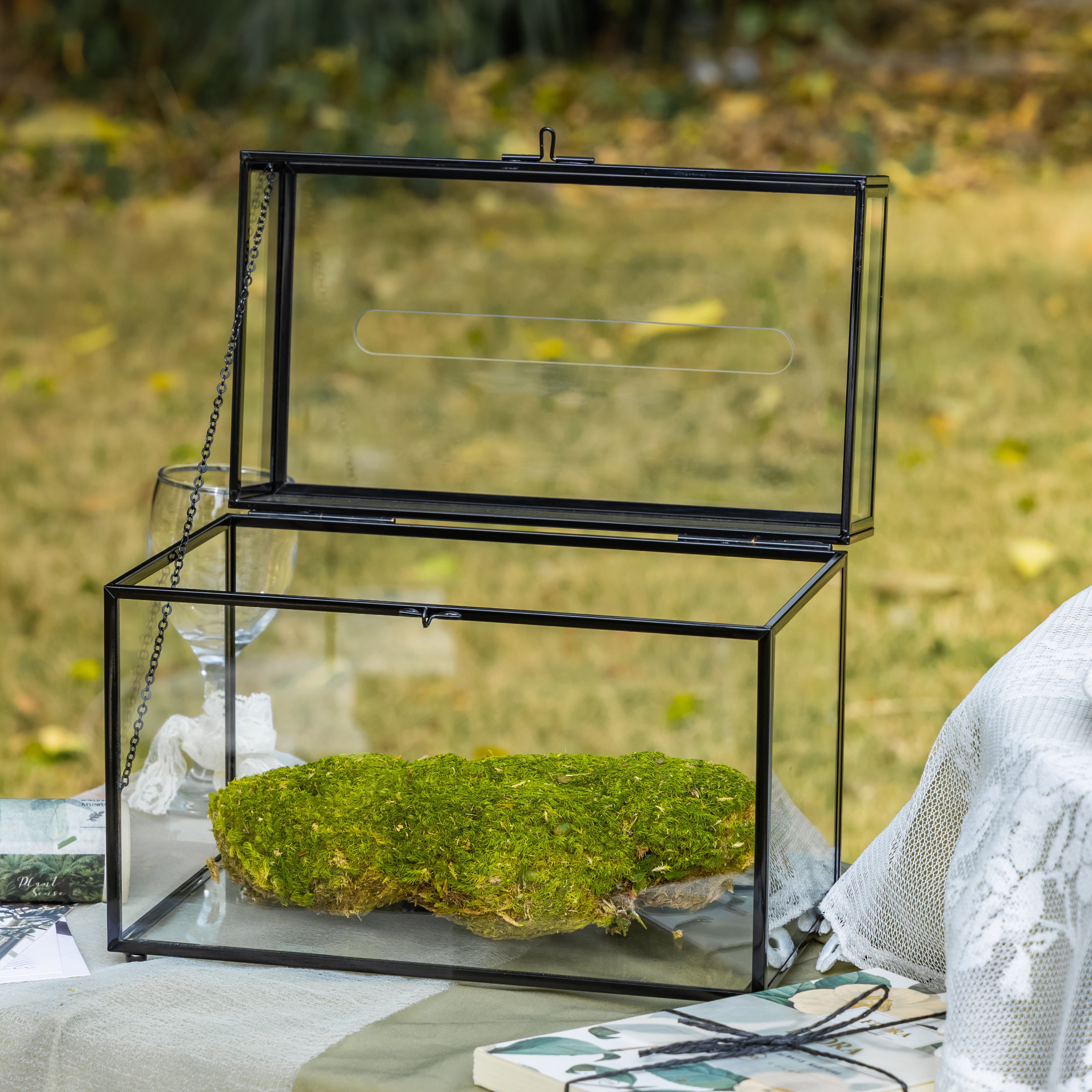 Lockable Black Geometric Glass Card Box Terrarium Foot Handmade Rectangular for Wedding Reception Wishwell Keepsake - NCYPgarden