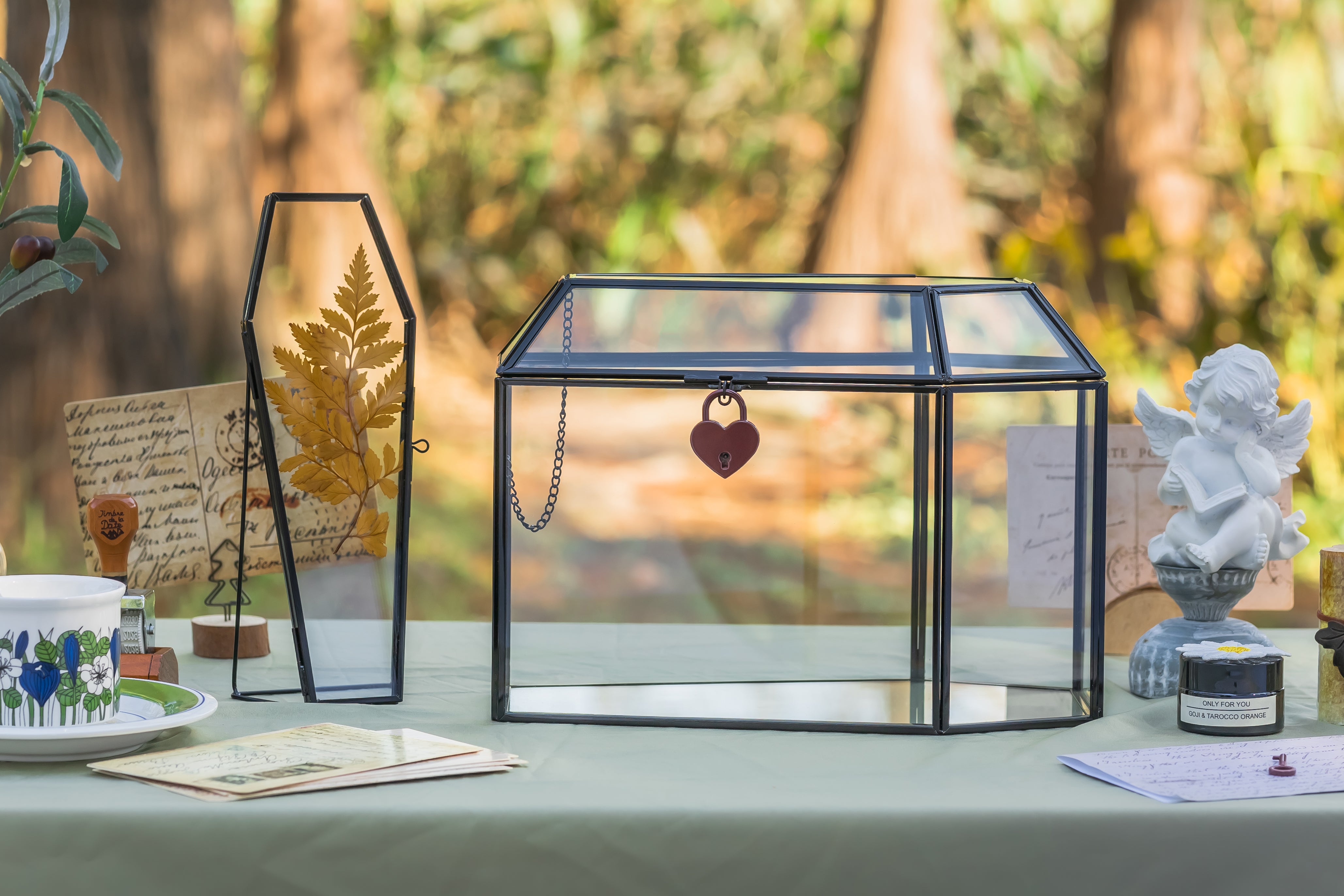 Gothic Coffin Black Geometric Glass Card Box Terrarium with Slot, Heart Lock, Handmade Brass for Wedding Reception Wishwell Keepsake - NCYPgarden