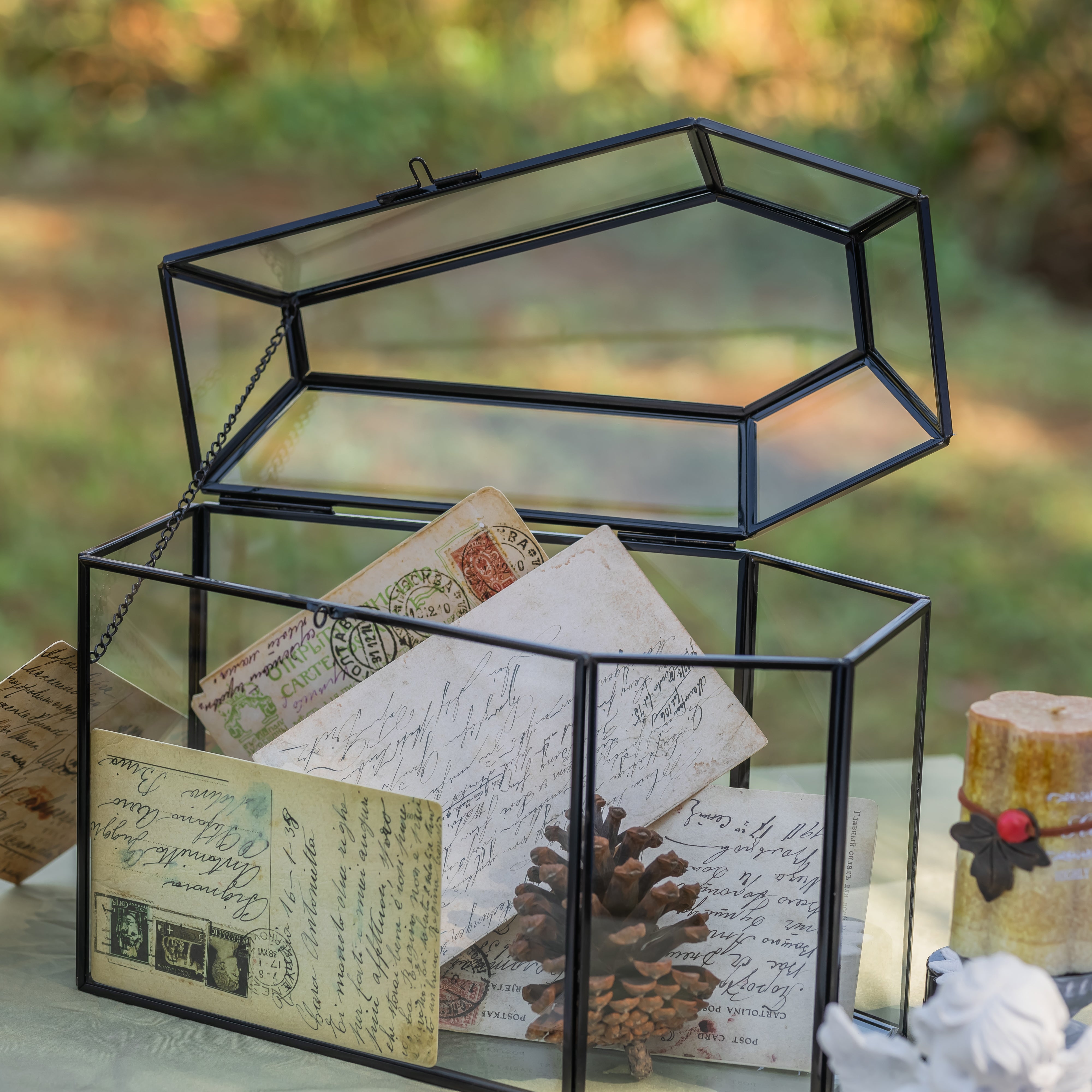 Gothic Coffin Black Geometric Glass Card Box Terrarium with Slot, Heart Lock, Handmade Brass for Wedding Reception Wishwell Keepsake - NCYPgarden