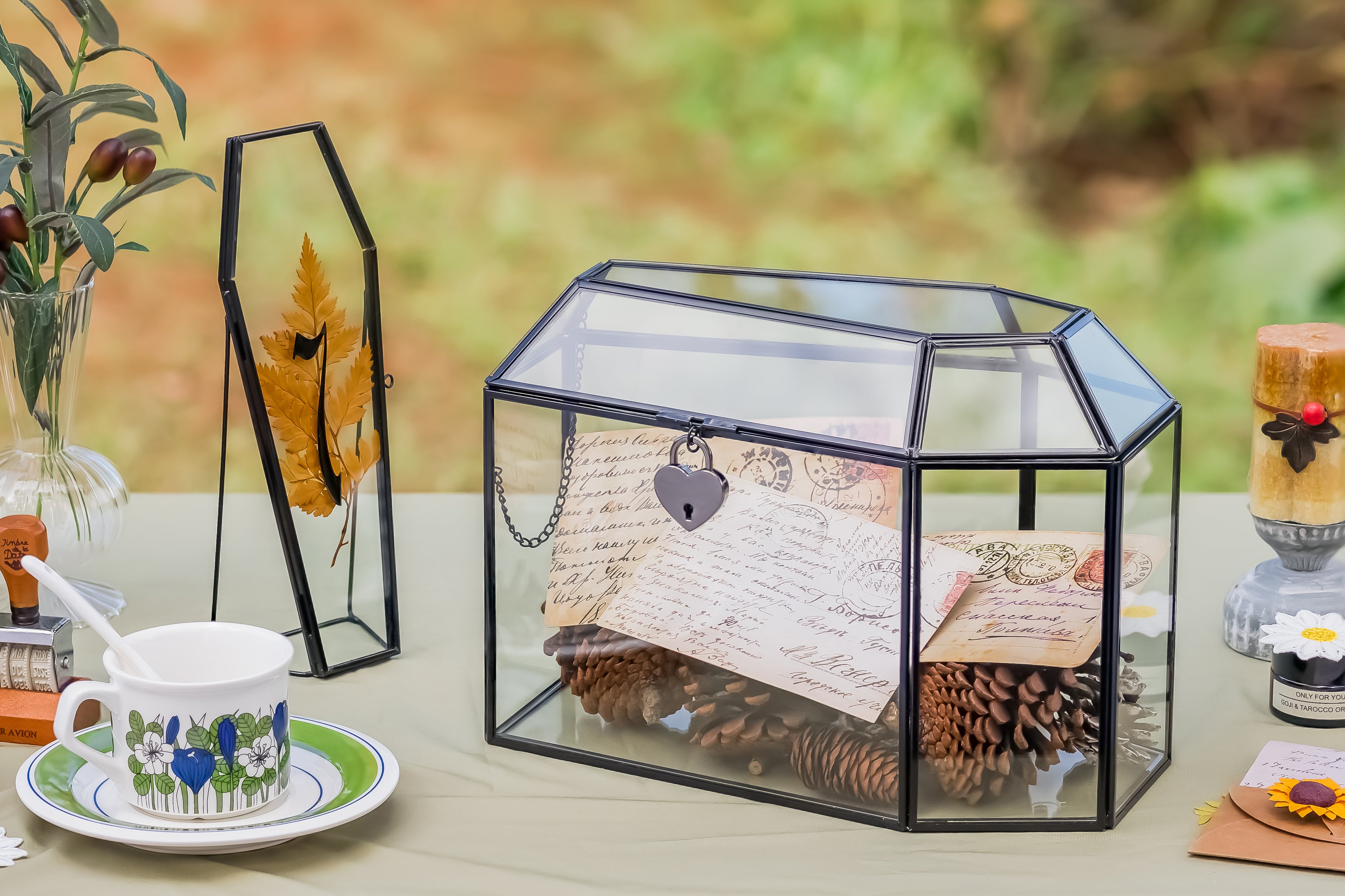 Gothic Coffin Black Geometric Glass Card Box Terrarium with Slot, Heart Lock, Handmade Brass for Wedding Reception Wishwell Keepsake - NCYPgarden