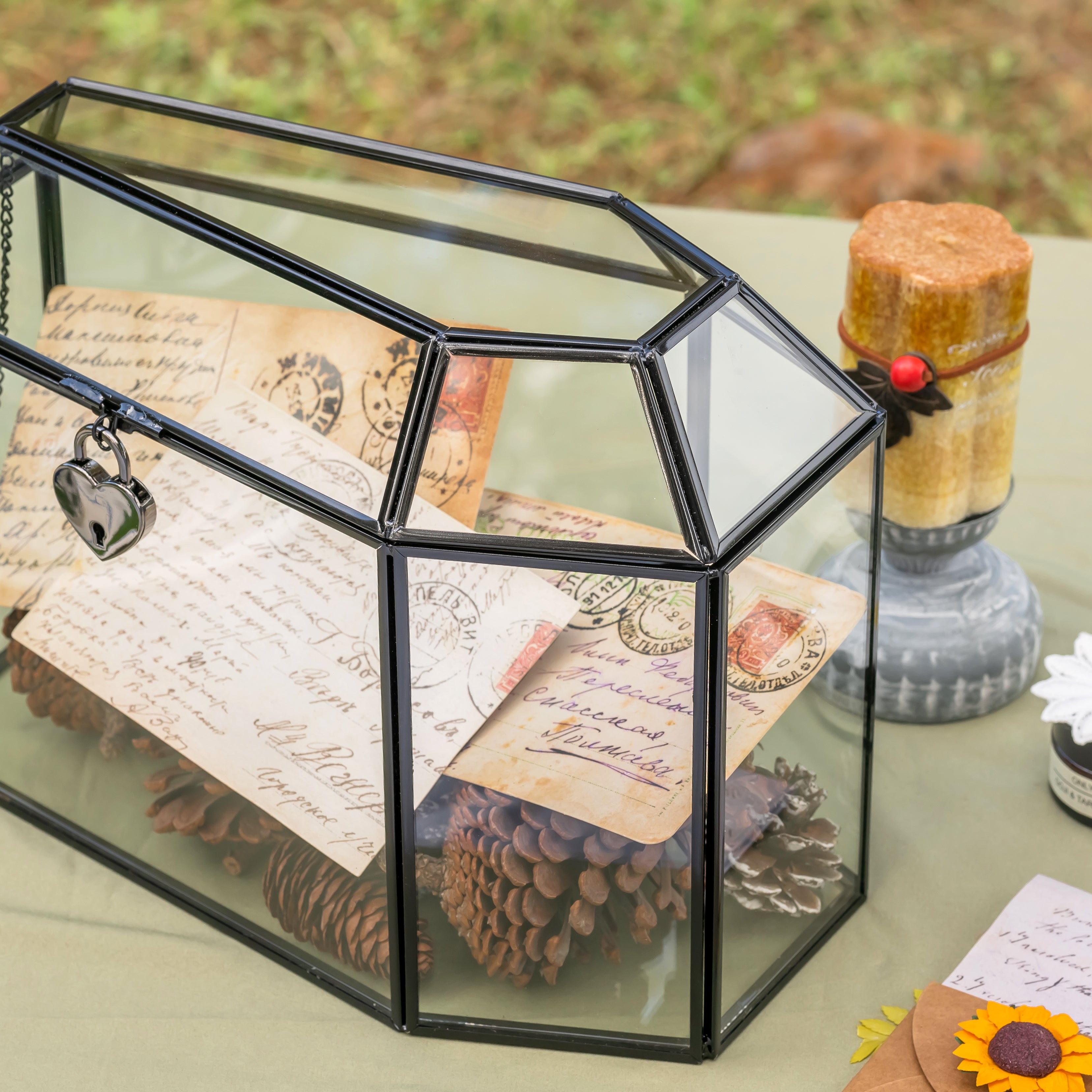 Gothic Coffin Black Geometric Glass Card Box Terrarium with Slot, Heart Lock, Handmade Brass for Wedding Reception Wishwell Keepsake - NCYPgarden