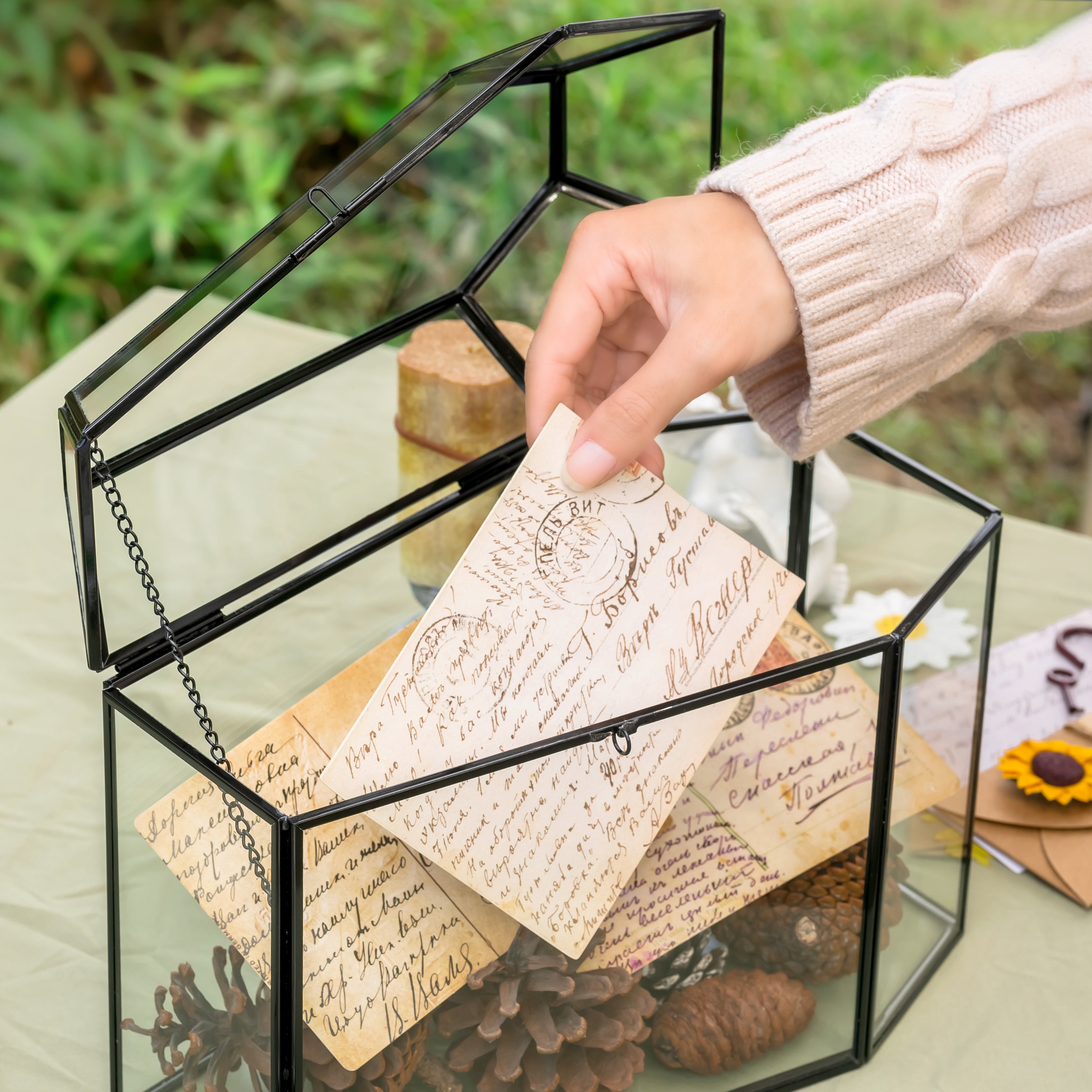 Gothic Coffin Black Geometric Glass Card Box Terrarium with Slot, Heart Lock, Handmade Brass for Wedding Reception Wishwell Keepsake - NCYPgarden