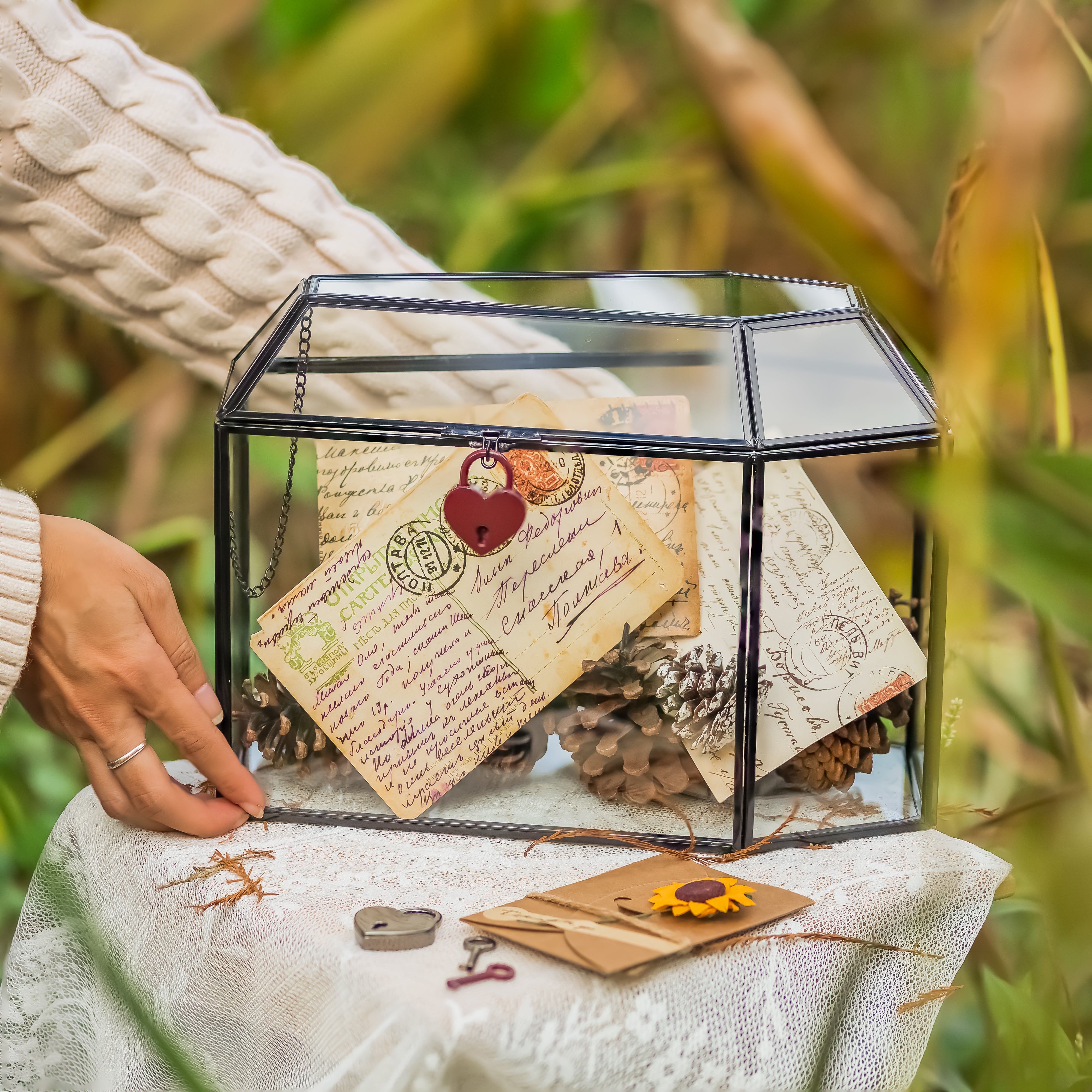 Gothic Coffin Black Geometric Glass Card Box Terrarium with Slot, Heart Lock, Handmade Brass for Wedding Reception Wishwell Keepsake - NCYPgarden