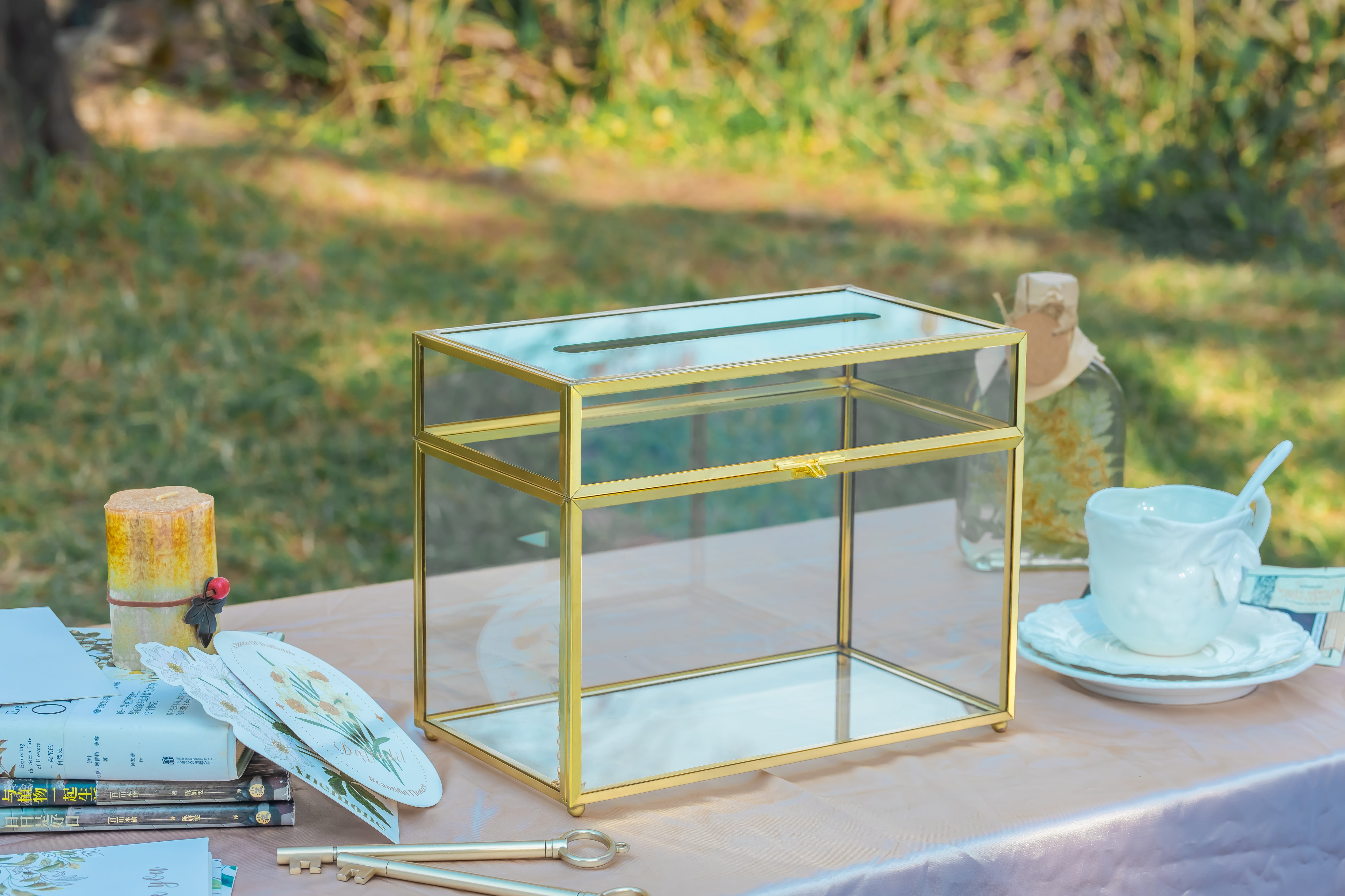 NCYP Wedding Card Box with Slot and Lock - 9.8x5.6x7.7 inches - Gold Glass Envelope Box with Lid for Birthday Party Reception - Vintage Rectangular Centerpiece Decoration Handmade (Glass Box Only) - NCYPgarden