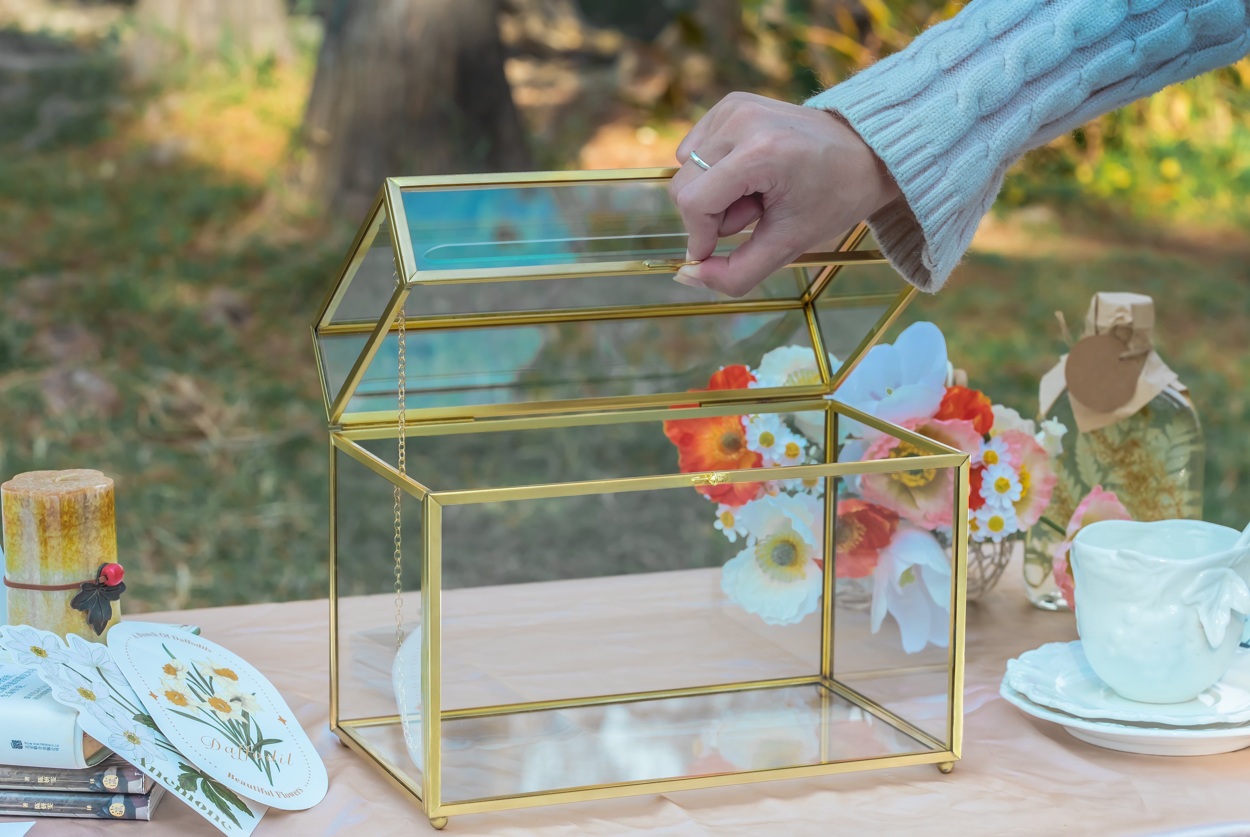 NCYP Wedding Card Box with Slot and Lock - 9.8x5.6x7.7 inches - Gold Glass Envelope Box with Lid for Birthday Party Reception - Vintage Rectangular Centerpiece Decoration Handmade (Glass Box Only) - NCYPgarden