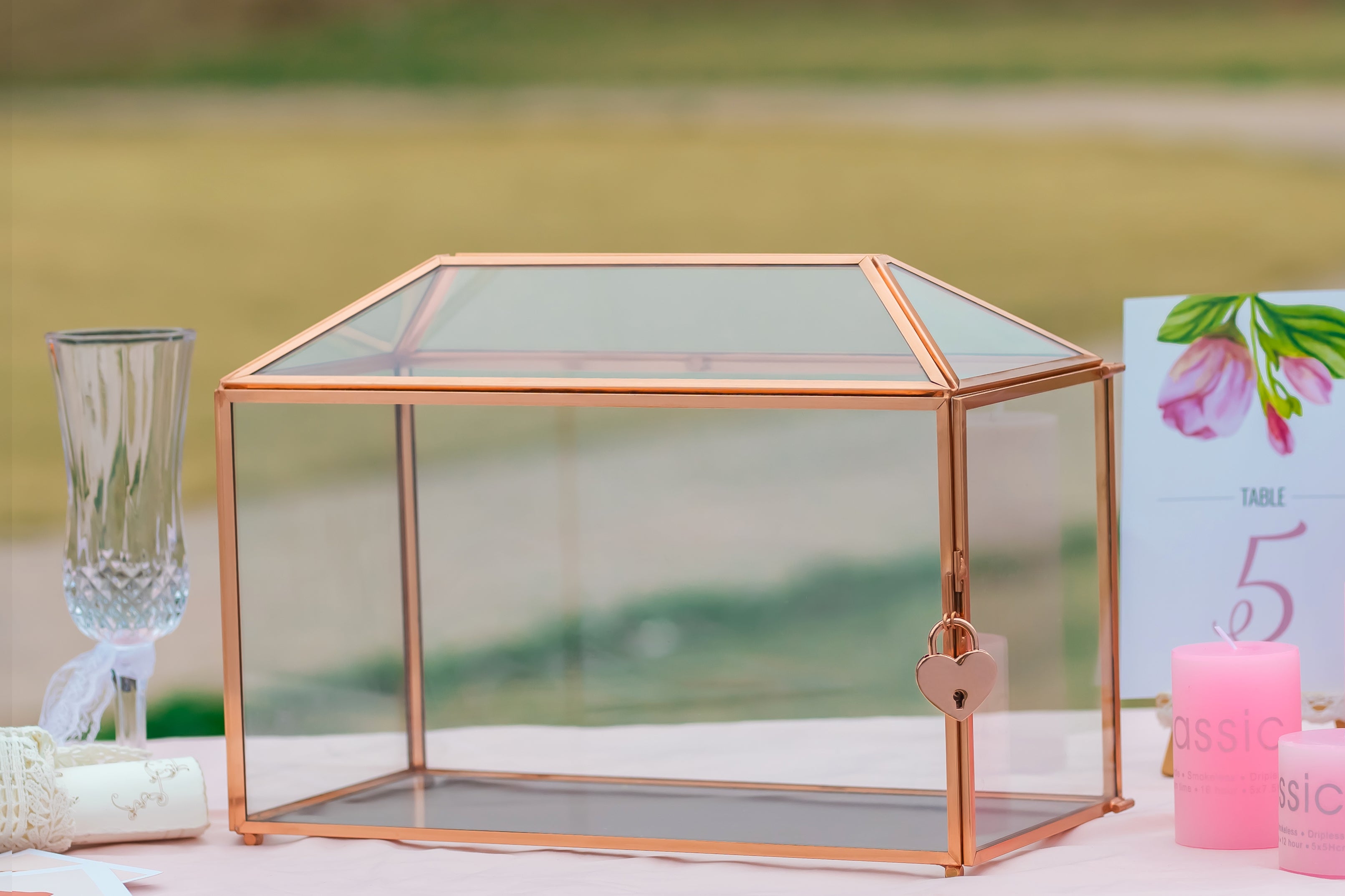 US Rose Gold Pink Pure Copper Standard Large Geometric Glass Card Box Terrarium with Slot, Lock, Handmade for Wedding Reception Wishwell - NCYPgarden