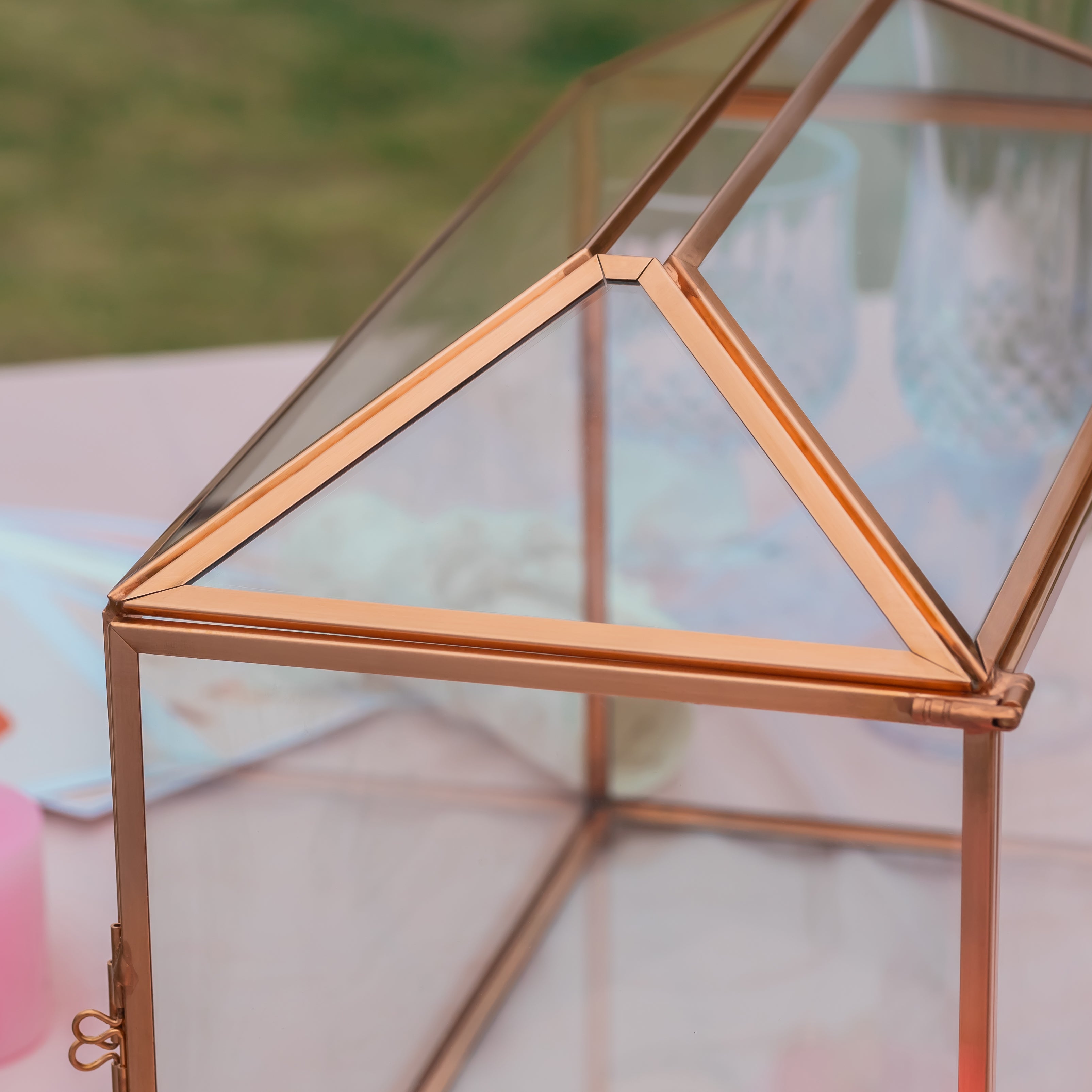 US Rose Gold Pink Pure Copper Standard Large Geometric Glass Card Box Terrarium with Slot, Lock, Handmade for Wedding Reception Wishwell - NCYPgarden