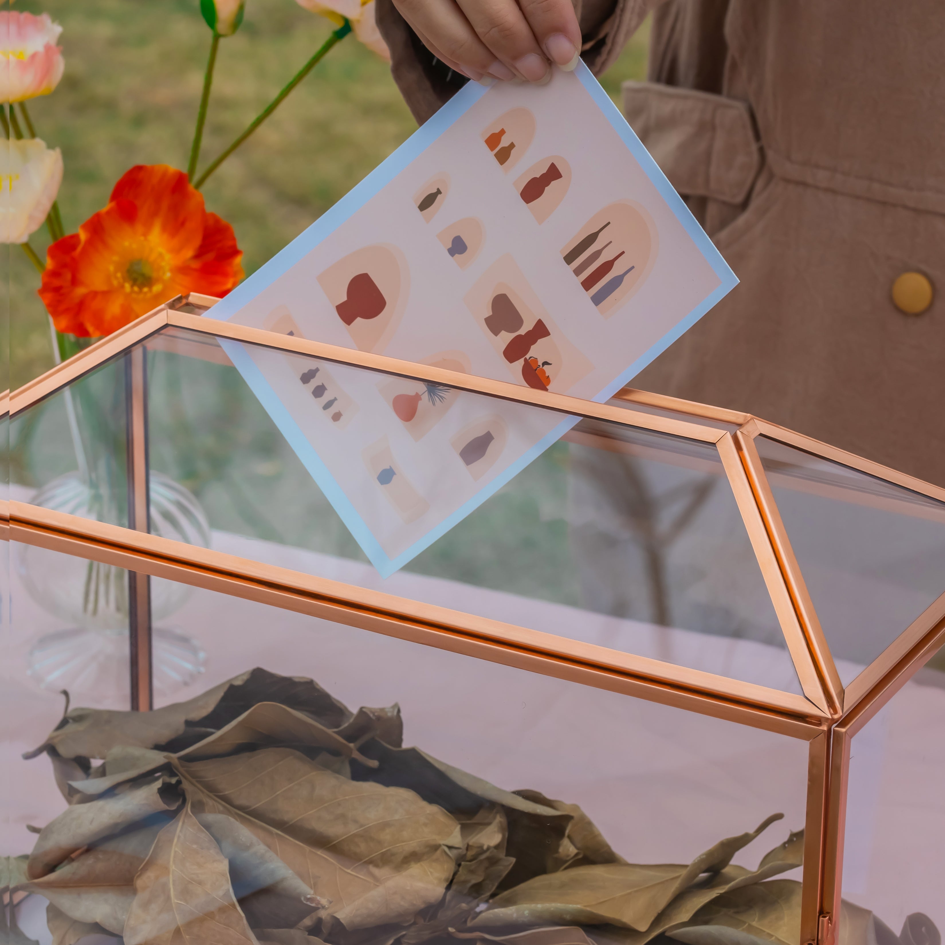 US Rose Gold Pink Pure Copper Standard Large Geometric Glass Card Box Terrarium with Slot, Lock, Handmade for Wedding Reception Wishwell - NCYPgarden