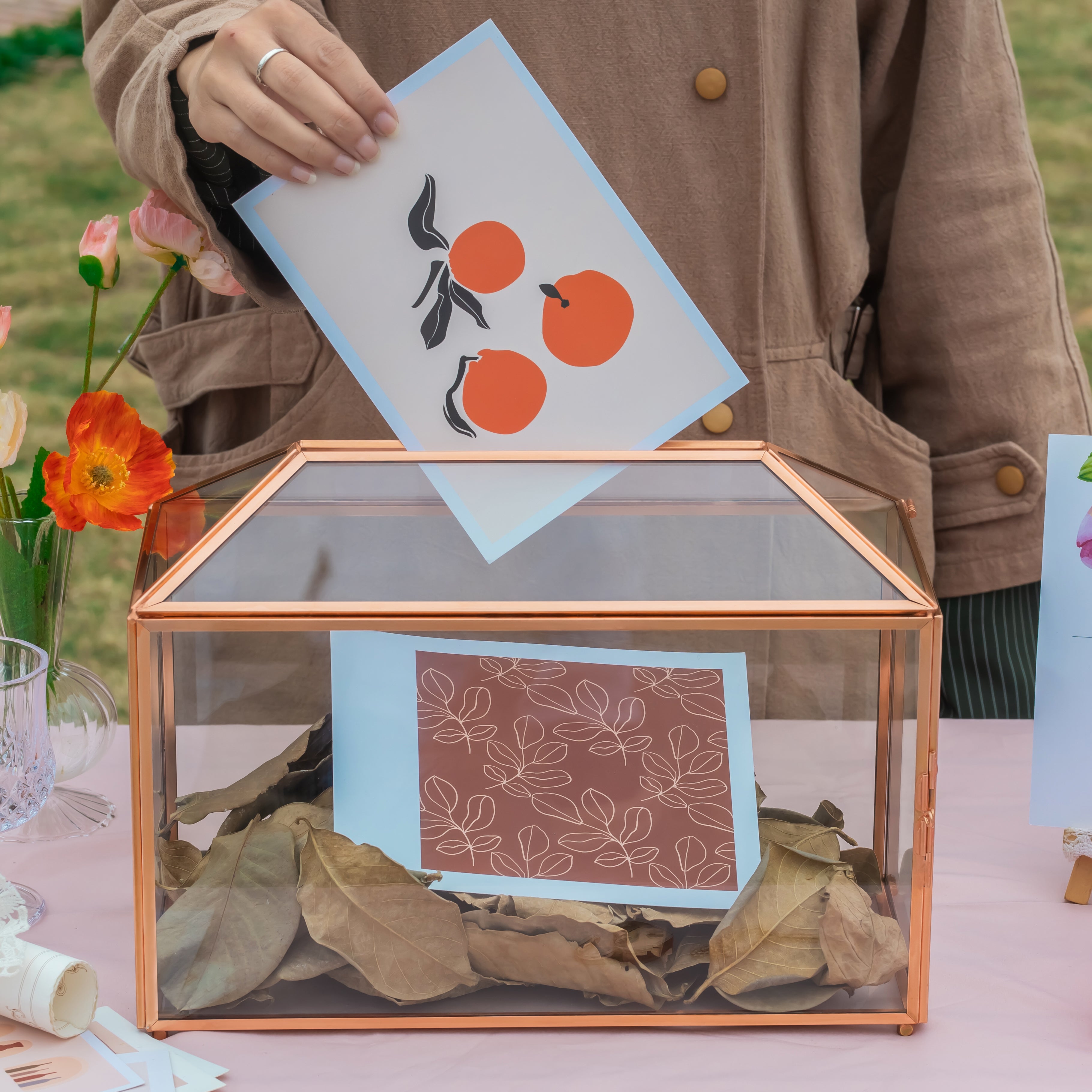 US Rose Gold Pink Pure Copper Standard Large Geometric Glass Card Box Terrarium with Slot, Lock, Handmade for Wedding Reception Wishwell - NCYPgarden