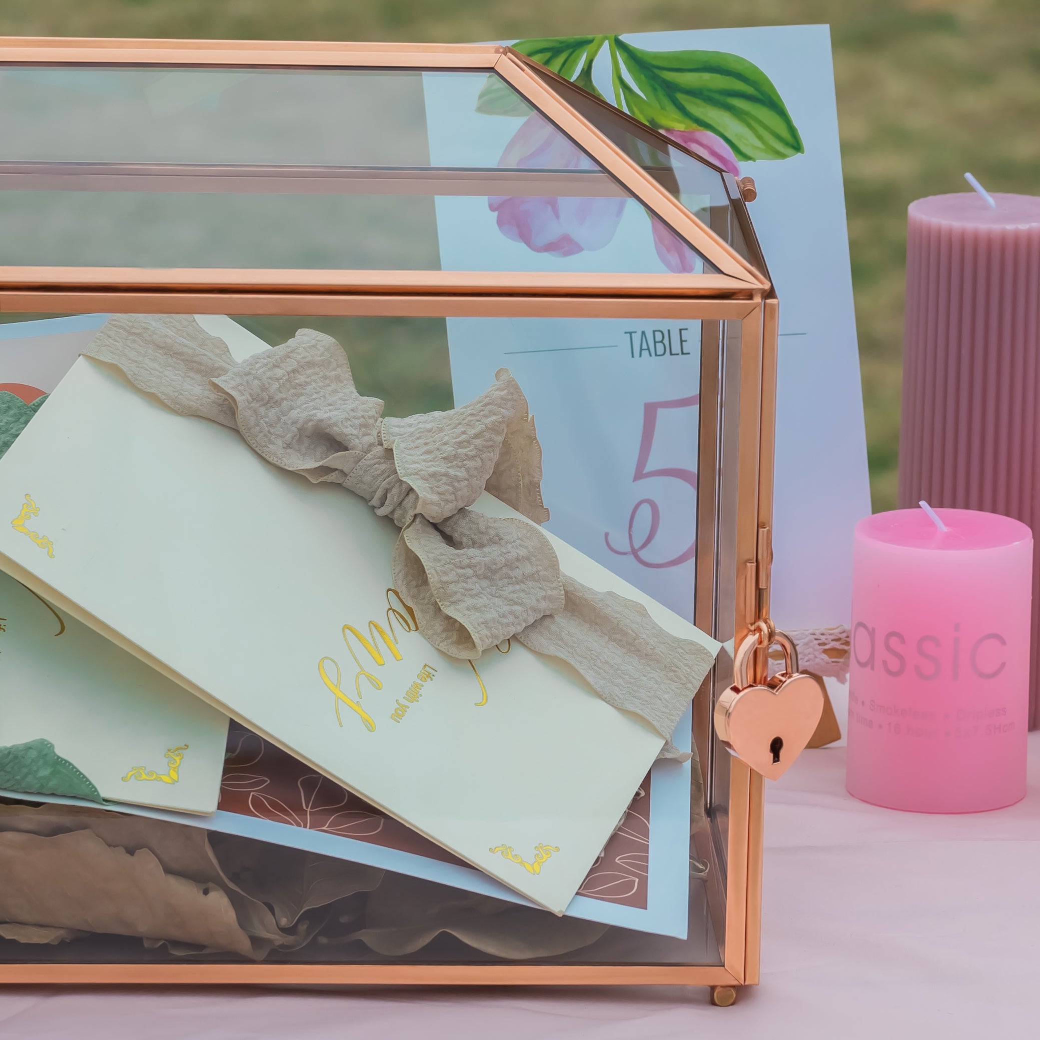 US Rose Gold Pink Pure Copper Standard Large Geometric Glass Card Box Terrarium with Slot, Lock, Handmade for Wedding Reception Wishwell - NCYPgarden