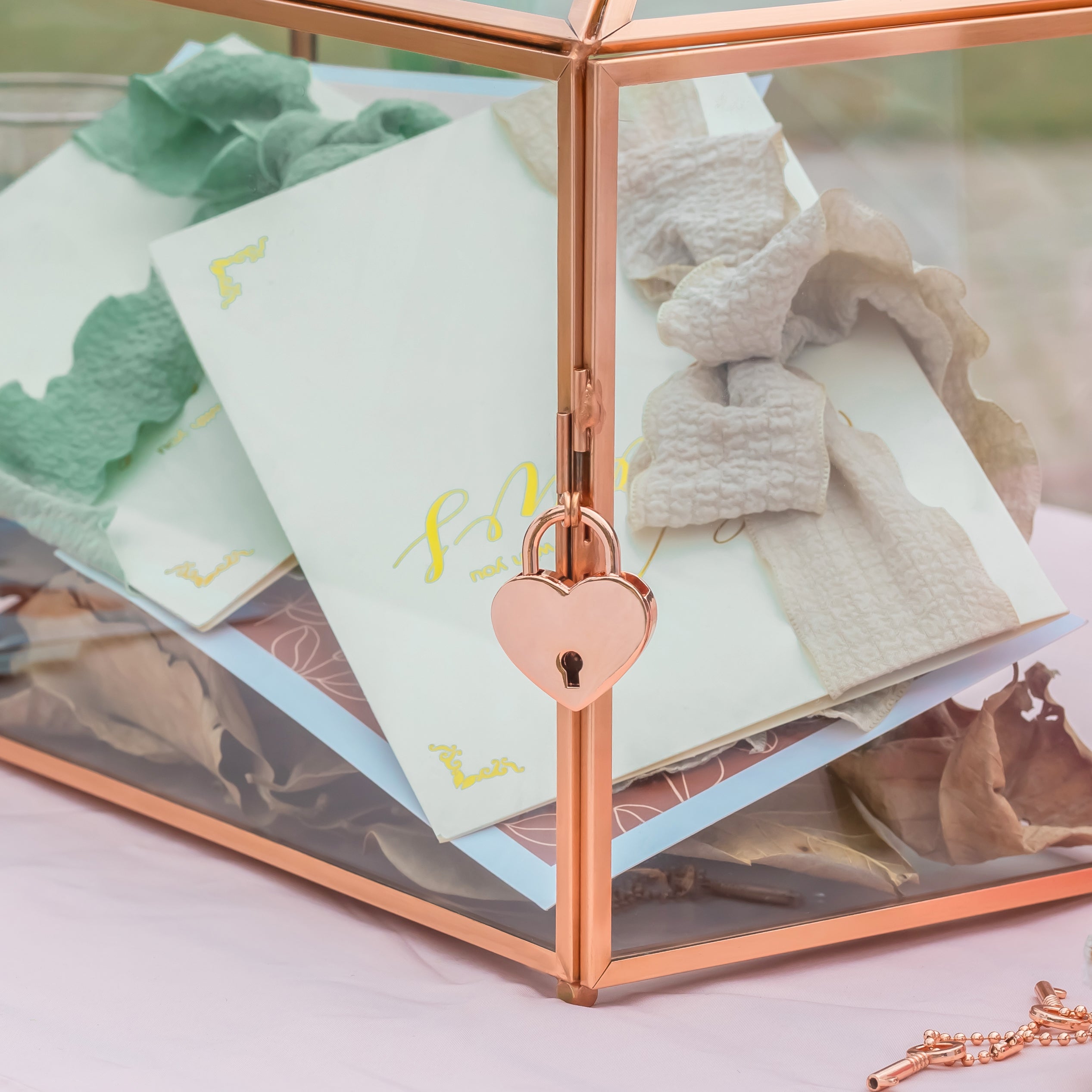 US Rose Gold Pink Pure Copper Standard Large Geometric Glass Card Box Terrarium with Slot, Lock, Handmade for Wedding Reception Wishwell - NCYPgarden