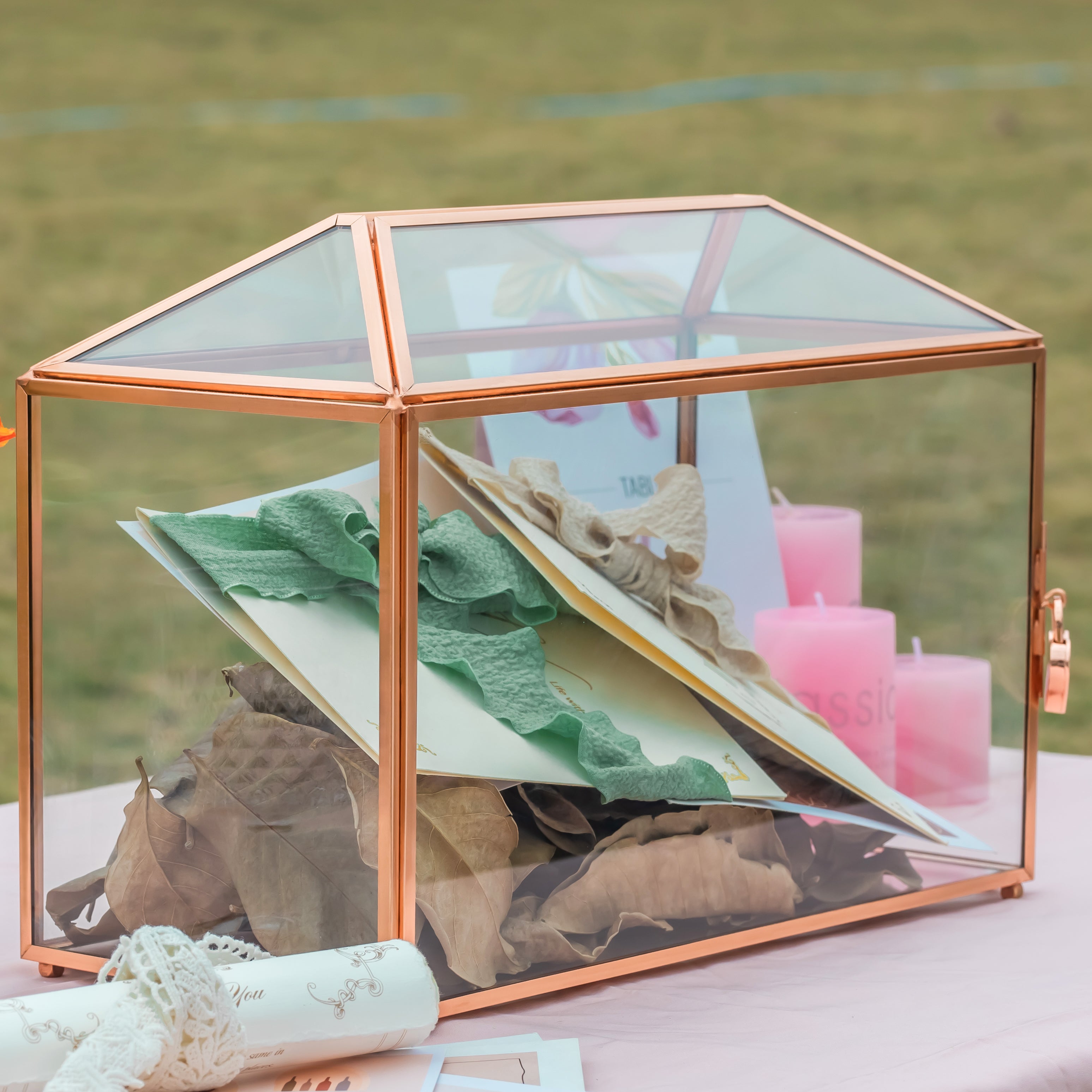 US Rose Gold Pink Pure Copper Standard Large Geometric Glass Card Box Terrarium with Slot, Lock, Handmade for Wedding Reception Wishwell - NCYPgarden