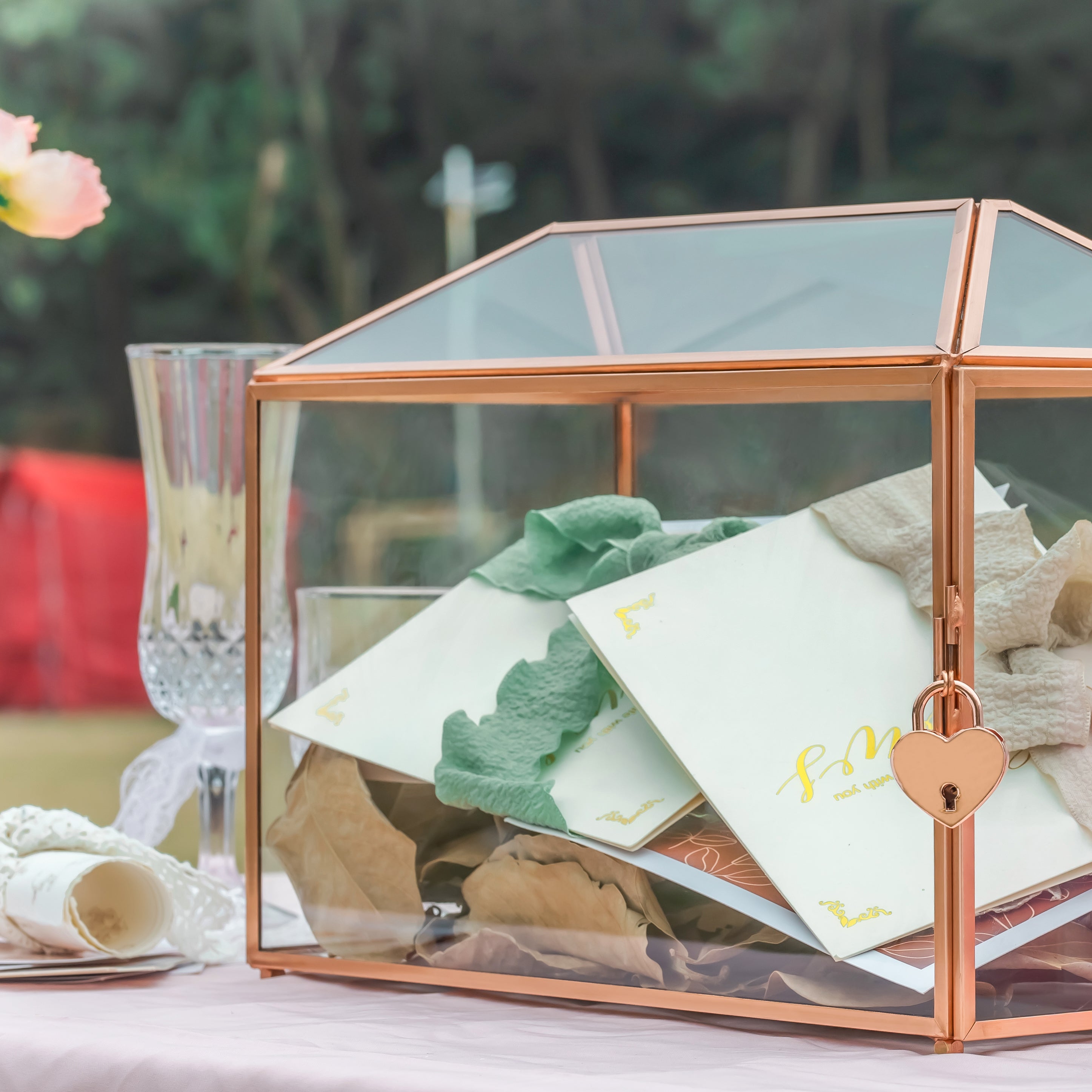 US Rose Gold Pink Pure Copper Standard Large Geometric Glass Card Box Terrarium with Slot, Lock, Handmade for Wedding Reception Wishwell - NCYPgarden