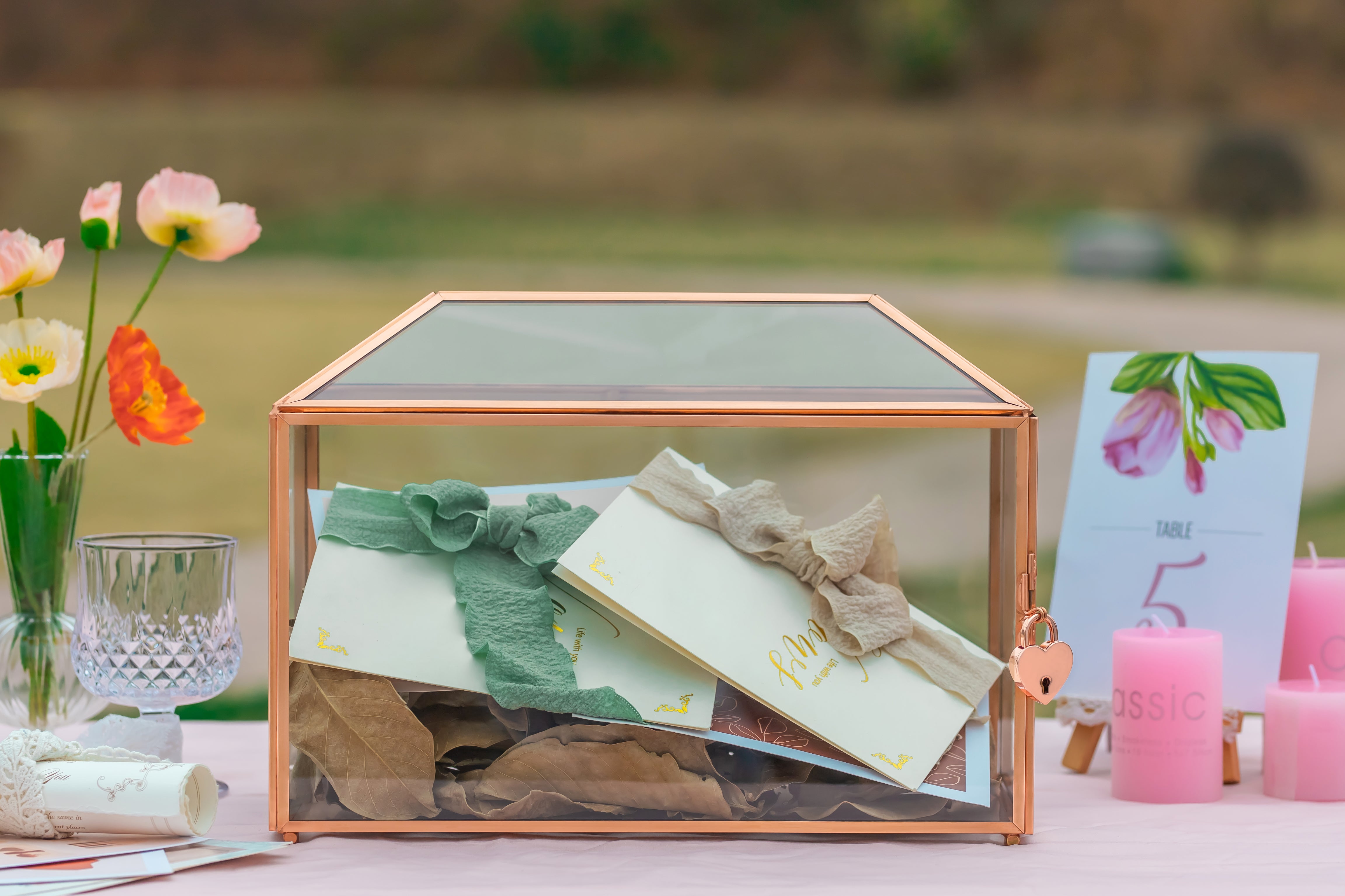 US Rose Gold Pink Pure Copper Standard Large Geometric Glass Card Box Terrarium with Slot, Lock, Handmade for Wedding Reception Wishwell - NCYPgarden