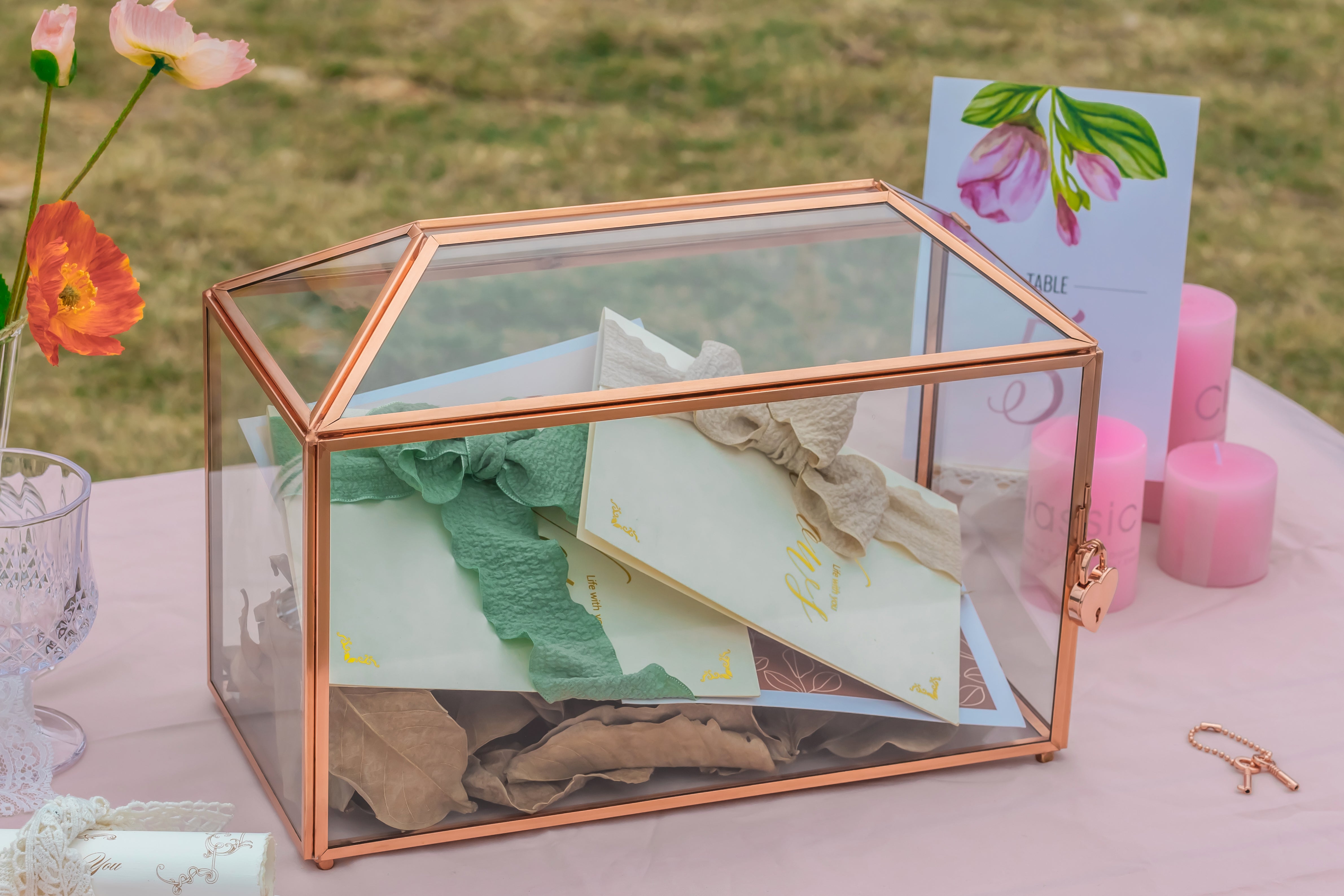 US Rose Gold Pink Pure Copper Standard Large Geometric Glass Card Box Terrarium with Slot, Lock, Handmade for Wedding Reception Wishwell - NCYPgarden