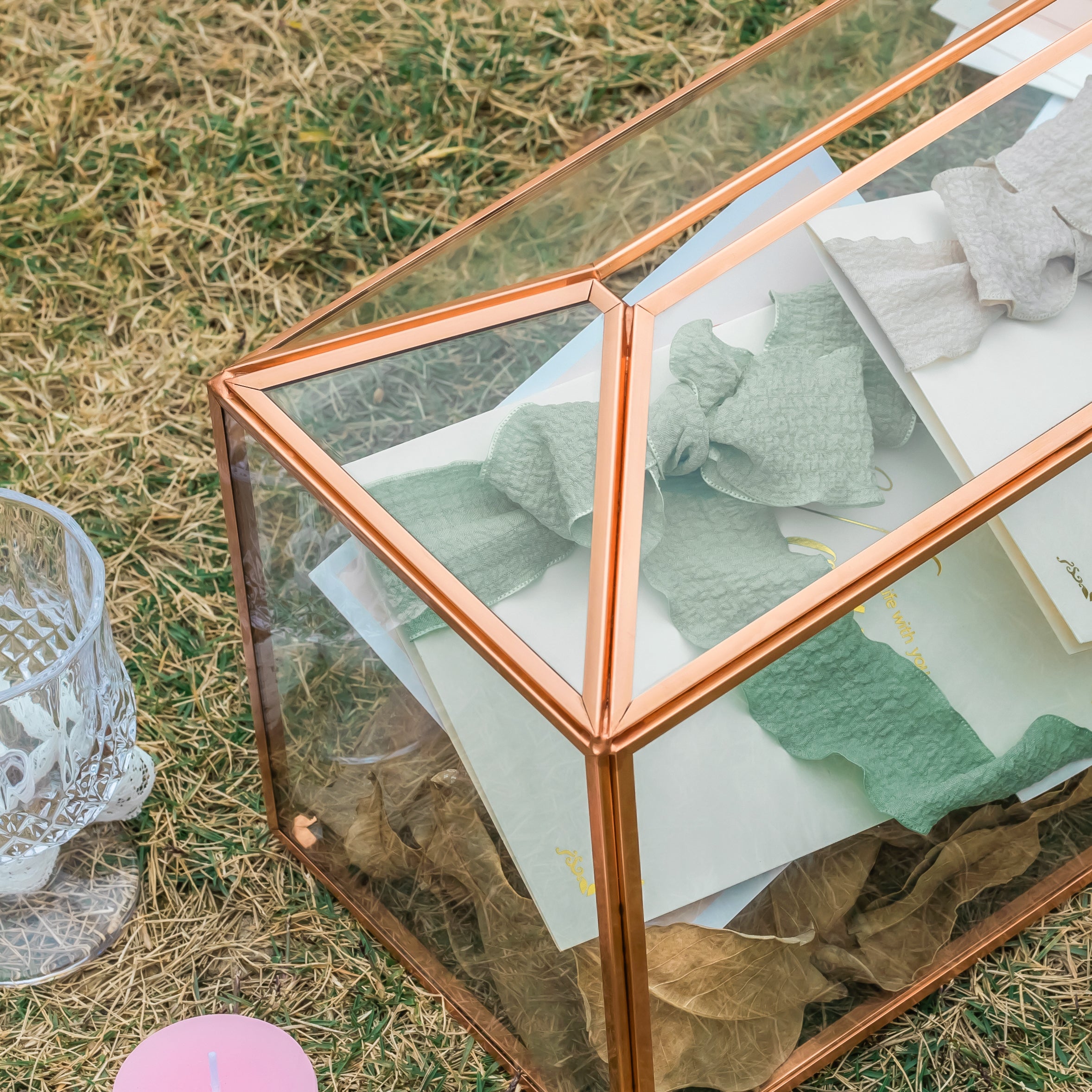 US Rose Gold Pink Pure Copper Standard Large Geometric Glass Card Box Terrarium with Slot, Lock, Handmade for Wedding Reception Wishwell - NCYPgarden