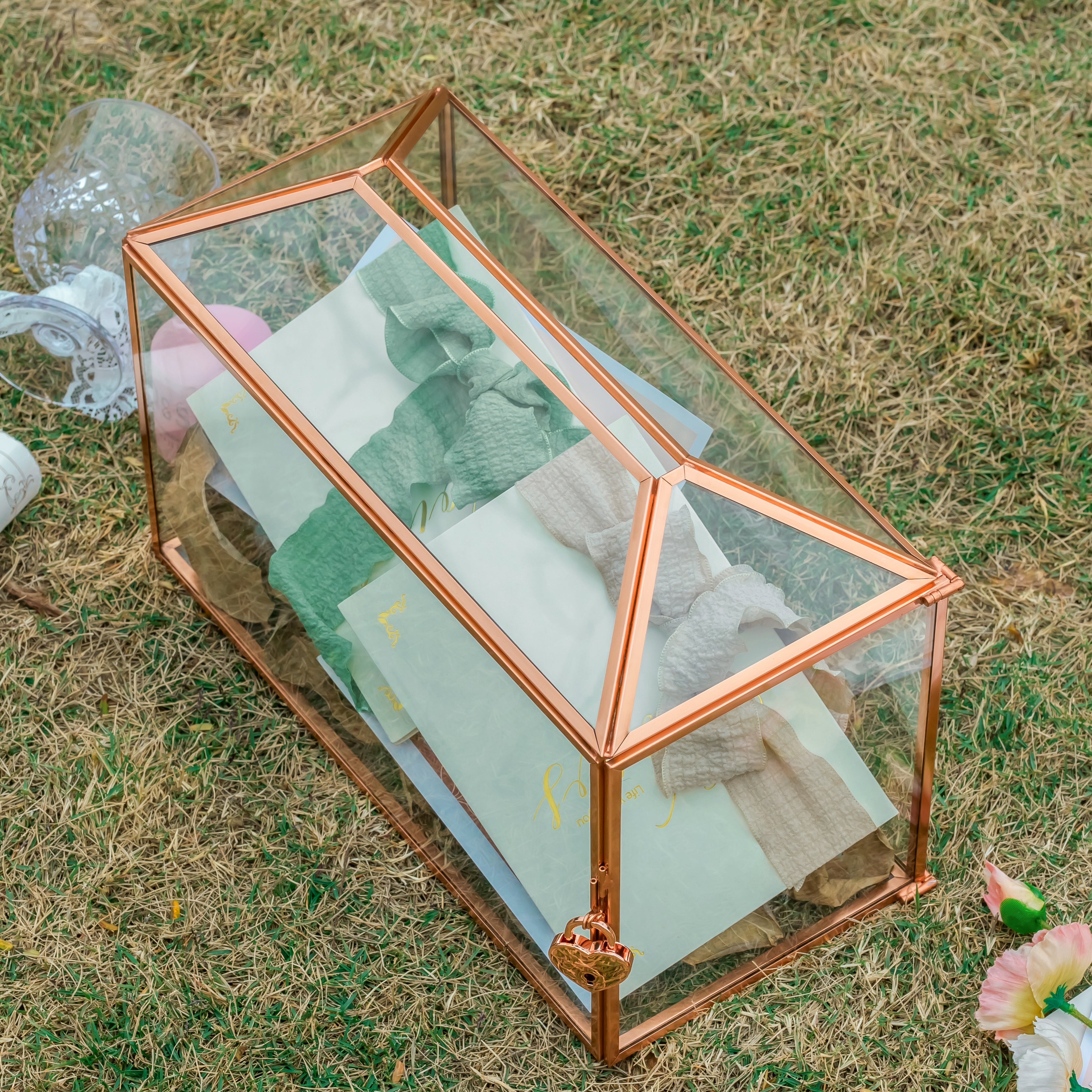 US Rose Gold Pink Pure Copper Standard Large Geometric Glass Card Box Terrarium with Slot, Lock, Handmade for Wedding Reception Wishwell - NCYPgarden