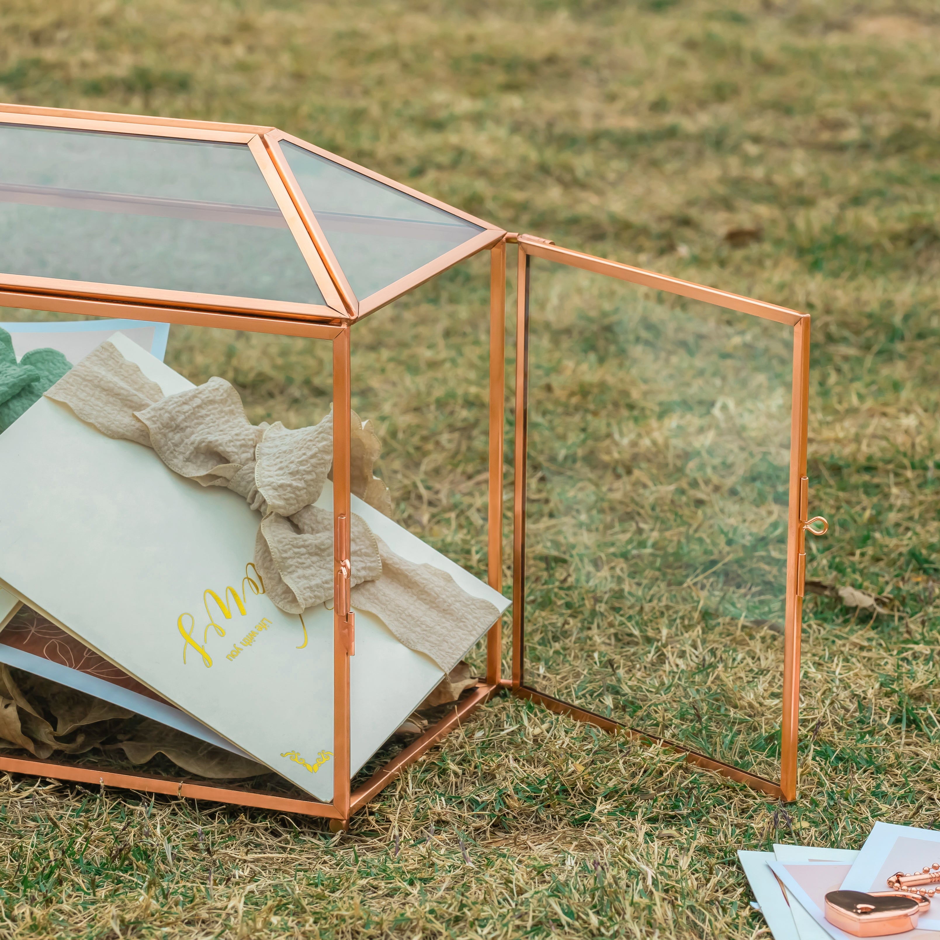 US Rose Gold Pink Pure Copper Standard Large Geometric Glass Card Box Terrarium with Slot, Lock, Handmade for Wedding Reception Wishwell - NCYPgarden