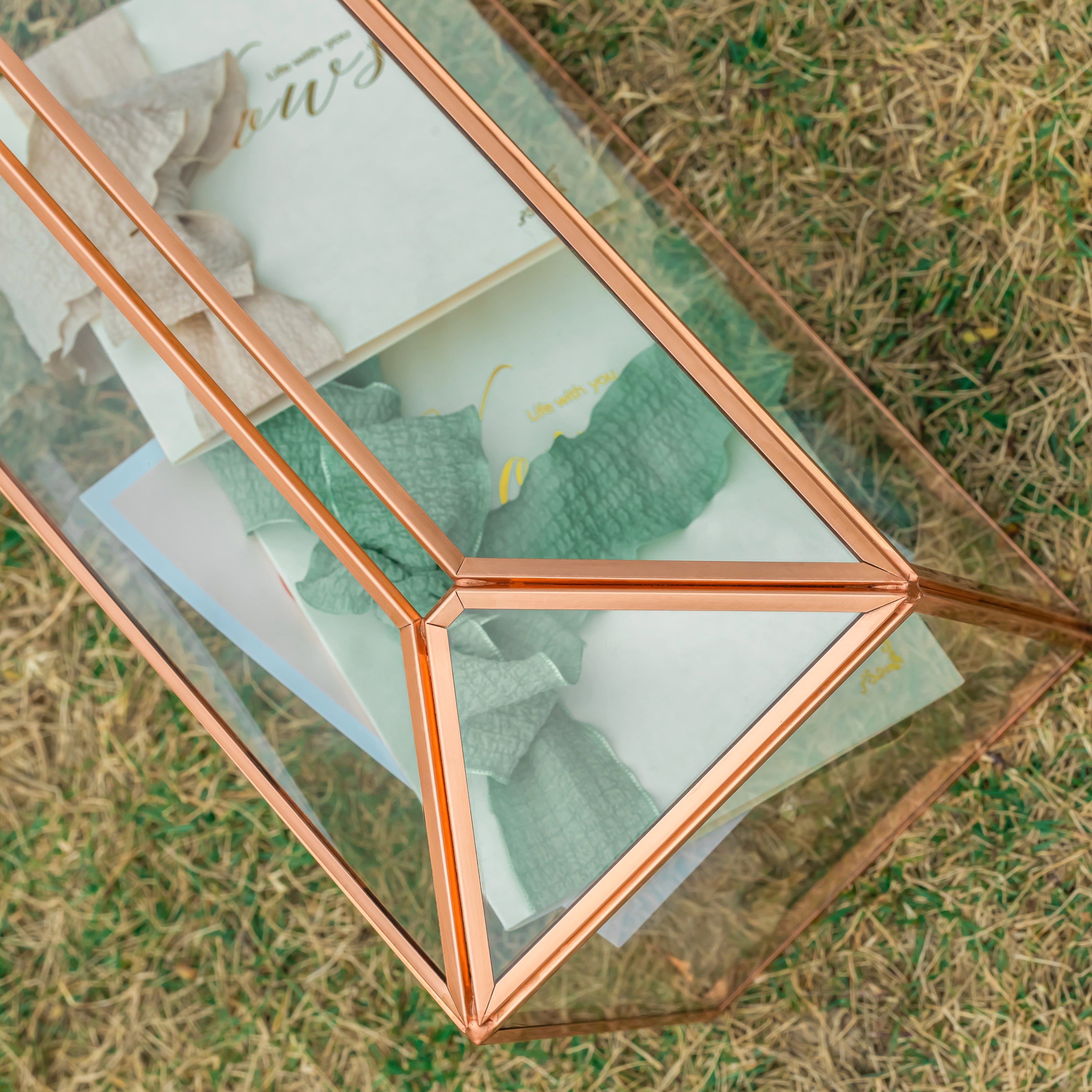 US Rose Gold Pink Pure Copper Standard Large Geometric Glass Card Box Terrarium with Slot, Lock, Handmade for Wedding Reception Wishwell - NCYPgarden