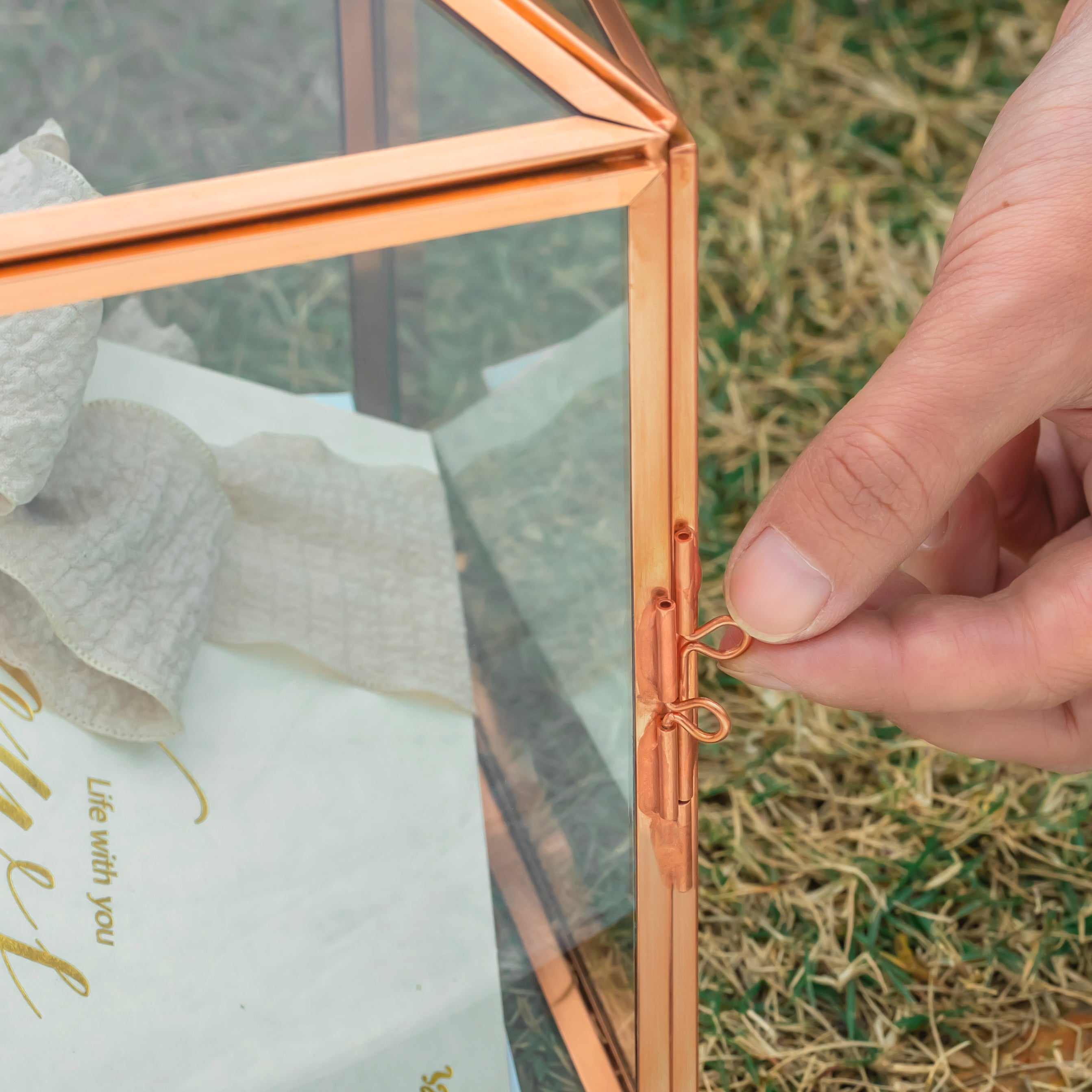 US Rose Gold Pink Pure Copper Standard Large Geometric Glass Card Box Terrarium with Slot, Lock, Handmade for Wedding Reception Wishwell - NCYPgarden