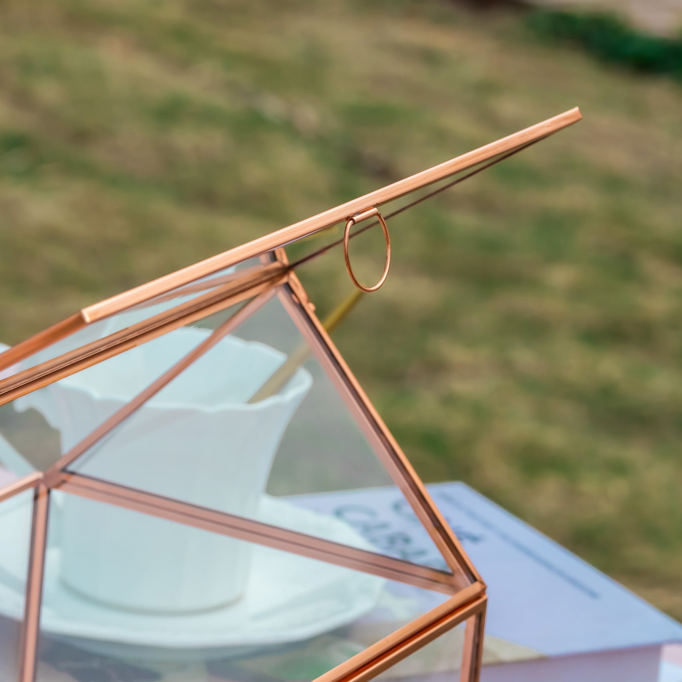 Geometric Glass Card Box Terrarium, Rose Gold, Pink House Shape Handmade, Pure Copper,for Wedding Reception, Wishwell, Keepsake Centerpiece - NCYPgarden