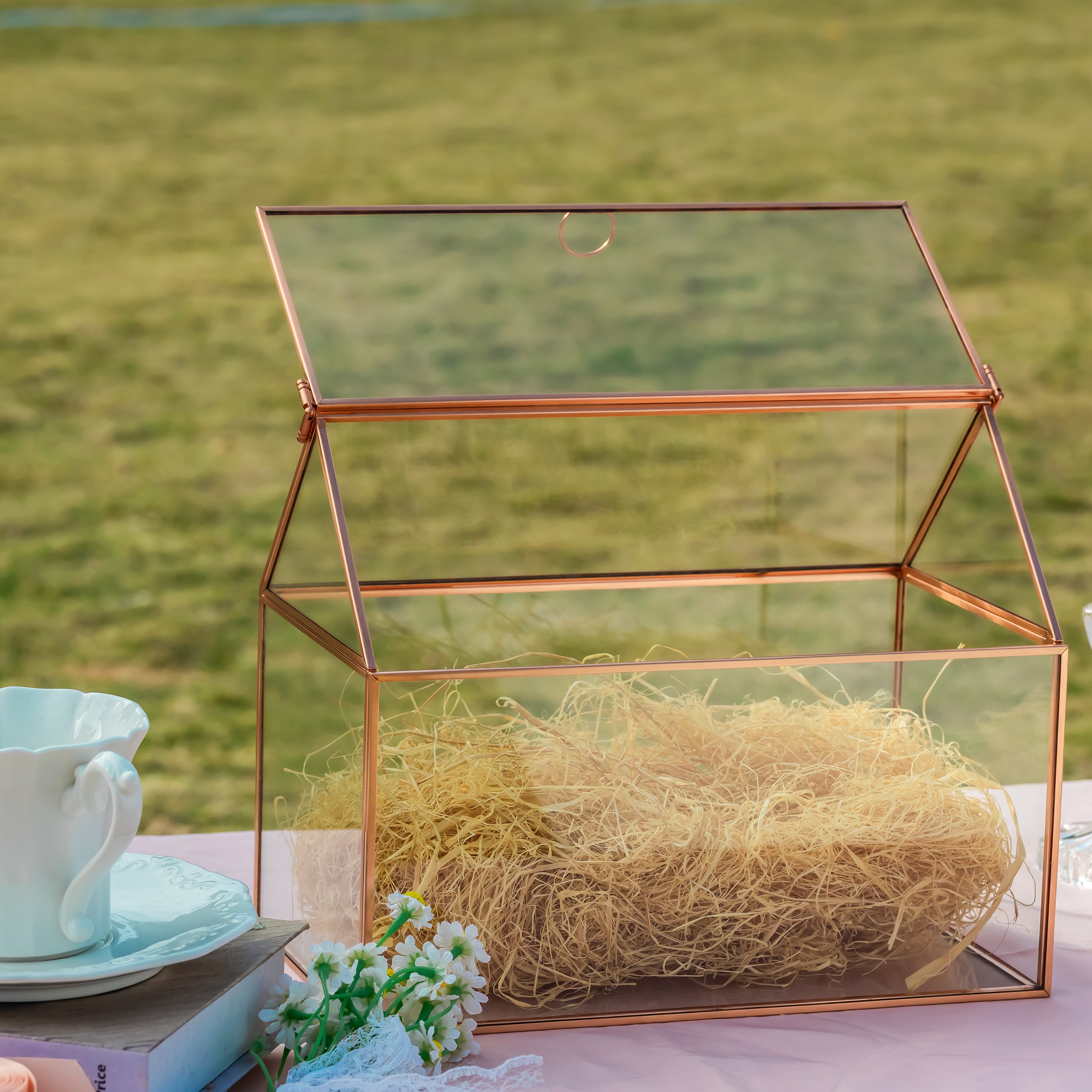 Geometric Glass Card Box Terrarium, Rose Gold, Pink House Shape Handmade, Pure Copper,for Wedding Reception, Wishwell, Keepsake Centerpiece - NCYPgarden