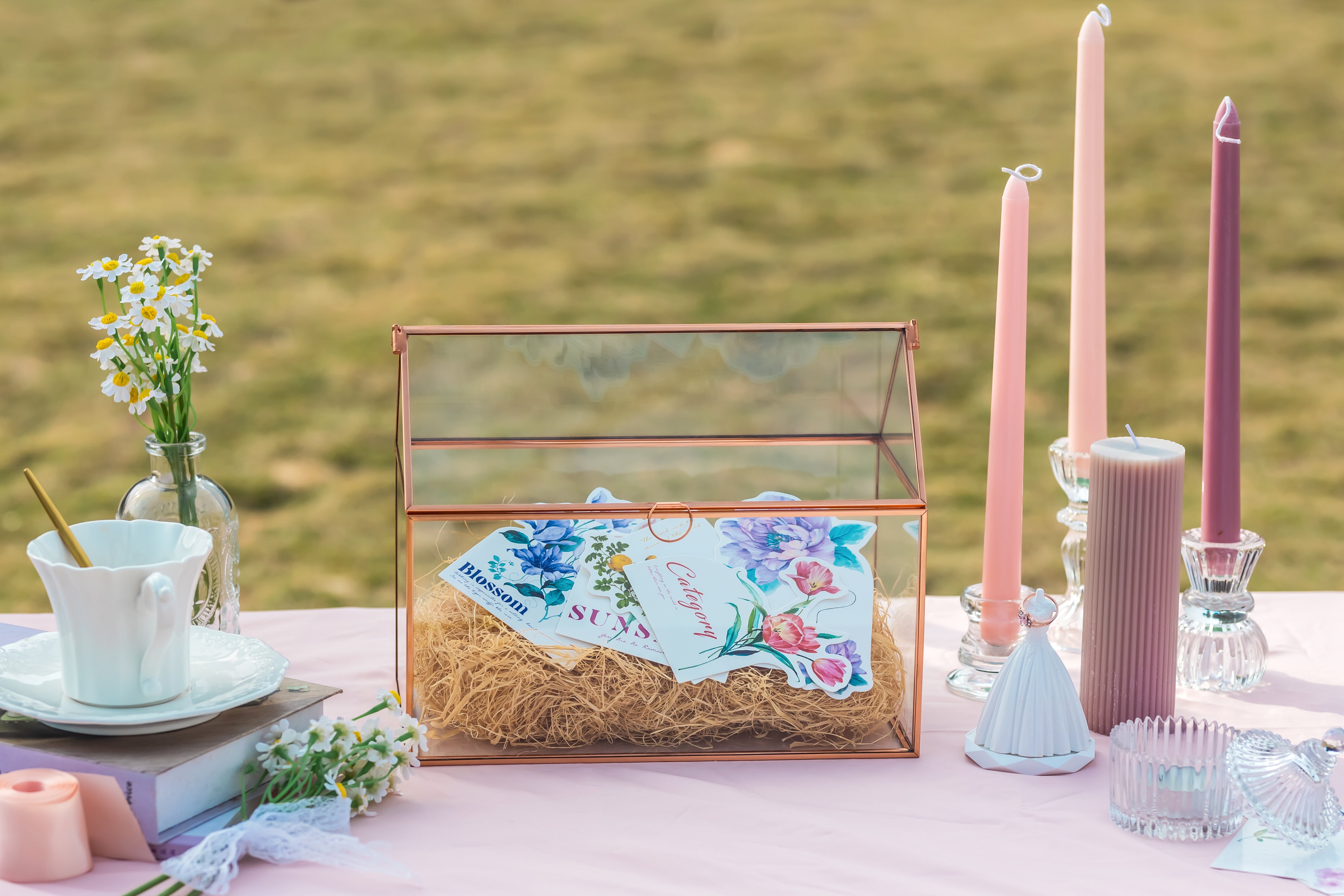 Geometric Glass Card Box Terrarium, Rose Gold, Pink House Shape Handmade, Pure Copper,for Wedding Reception, Wishwell, Keepsake Centerpiece - NCYPgarden