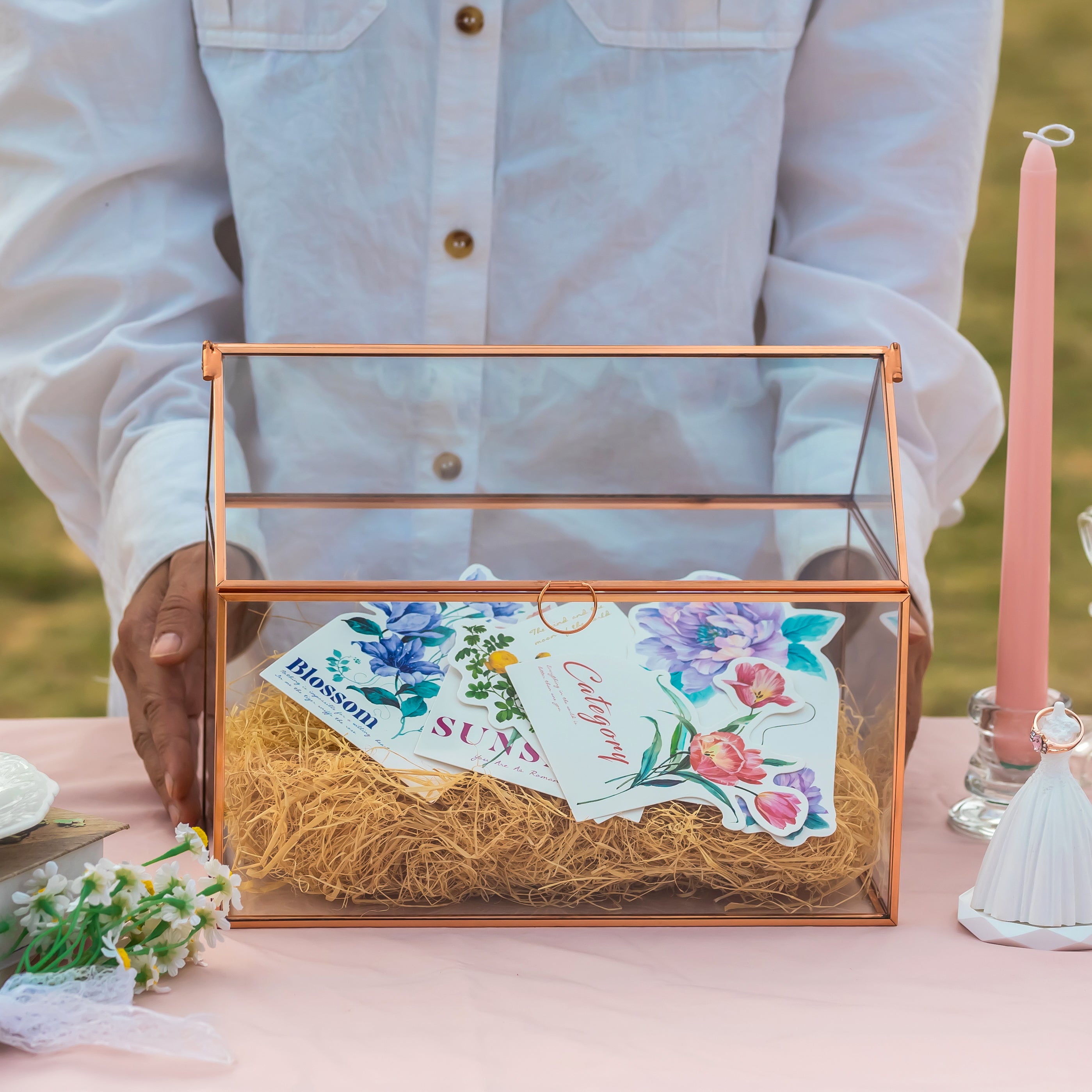 Geometric Glass Card Box Terrarium, Rose Gold, Pink House Shape Handmade, Pure Copper,for Wedding Reception, Wishwell, Keepsake Centerpiece - NCYPgarden