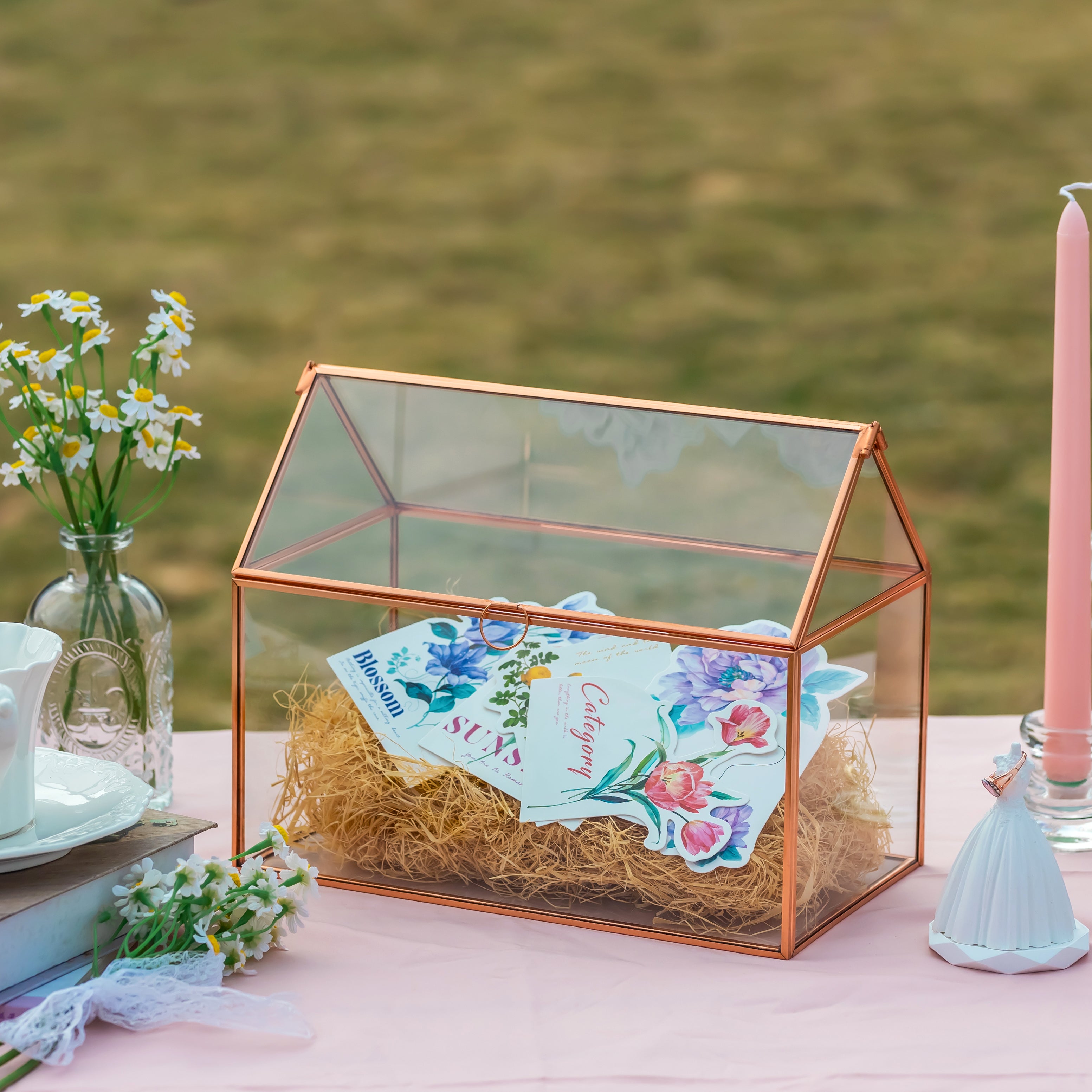 Geometric Glass Card Box Terrarium, Rose Gold, Pink House Shape Handmade, Pure Copper,for Wedding Reception, Wishwell, Keepsake Centerpiece - NCYPgarden