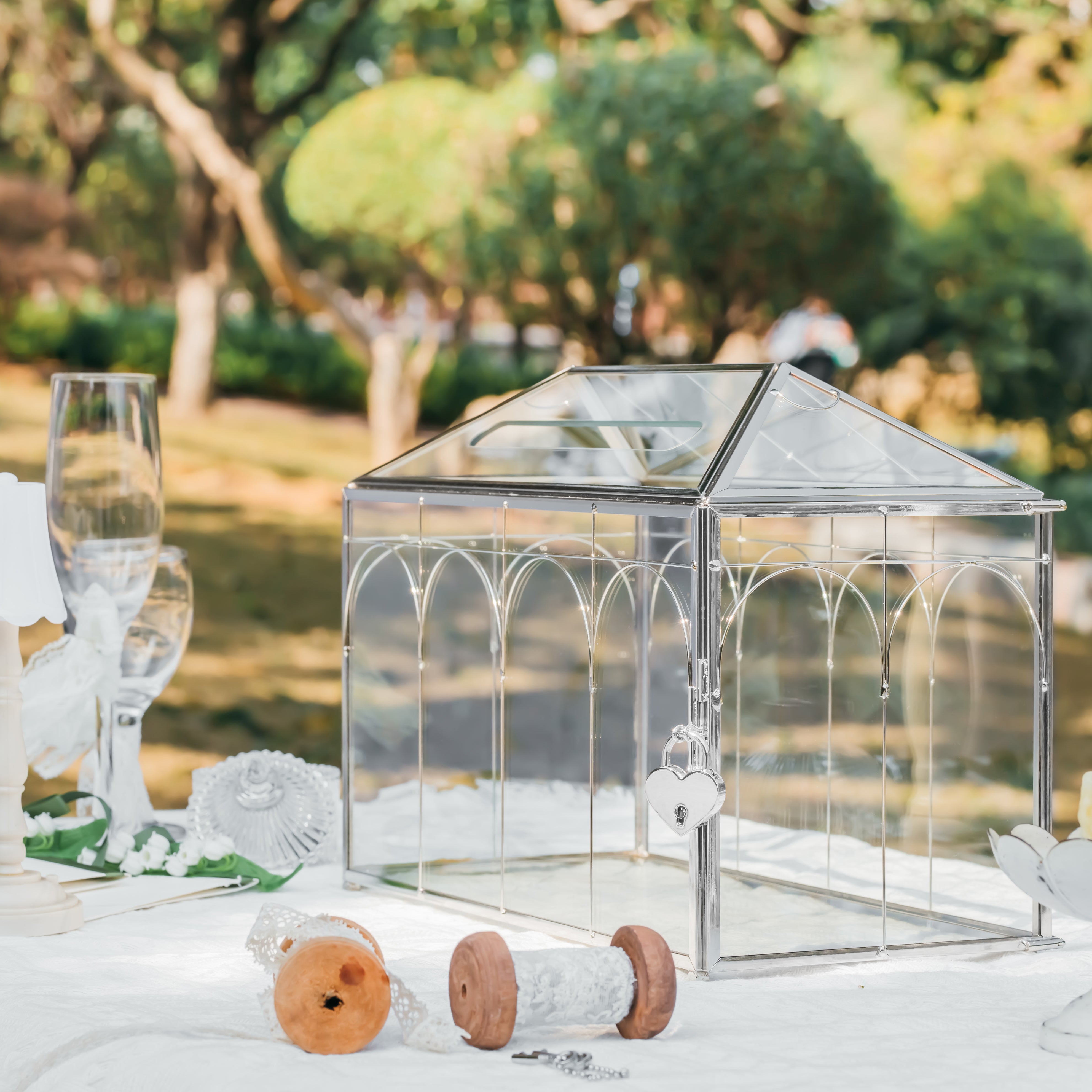 Vintage Silver Large Geometric Glass Card Box Terrarium with Slot, Heart Lock, Foot, Handmade Brass for Wedding Reception Wishwell Keepsake - NCYPgarden