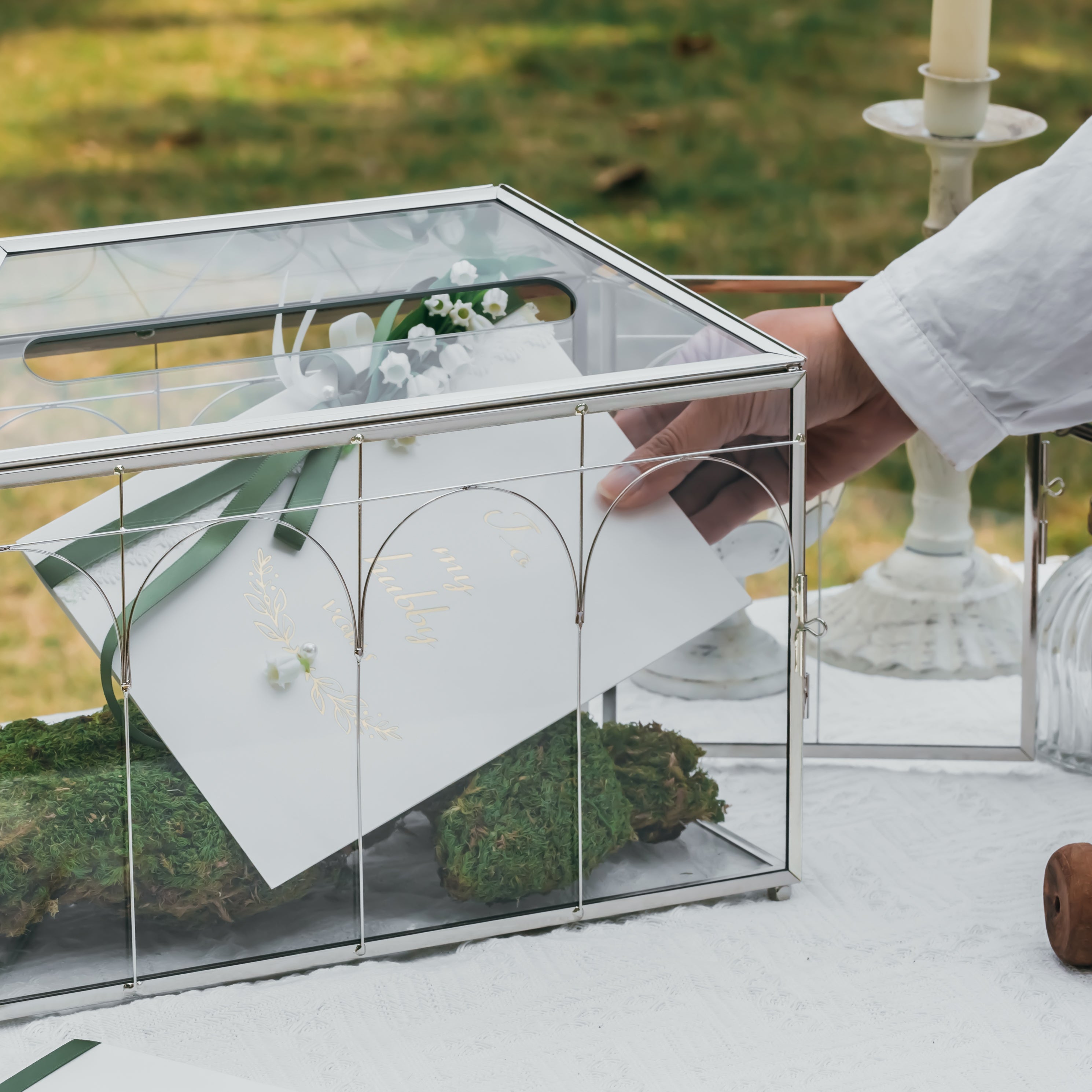 Vintage Silver Large Geometric Glass Card Box Terrarium with Slot, Heart Lock, Foot, Handmade Brass for Wedding Reception Wishwell Keepsake - NCYPgarden