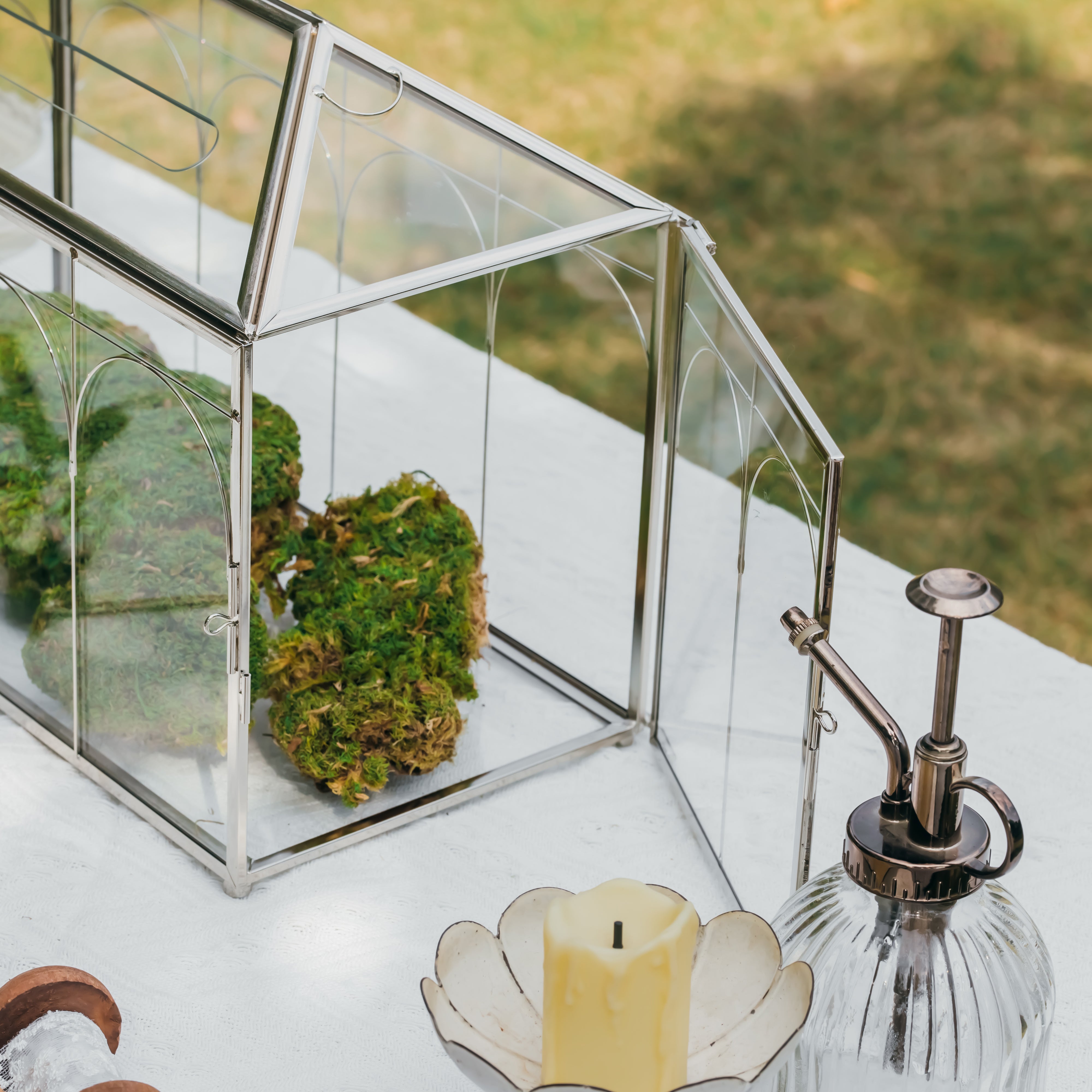 Vintage Silver Large Geometric Glass Card Box Terrarium with Slot, Heart Lock, Foot, Handmade Brass for Wedding Reception Wishwell Keepsake - NCYPgarden