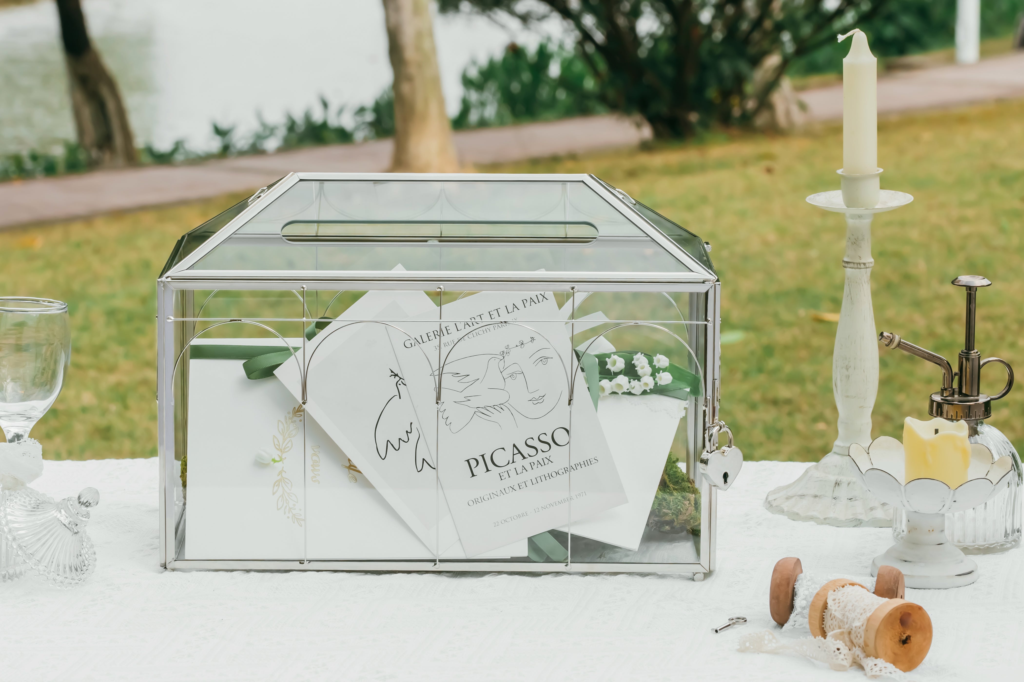 Vintage Silver Large Geometric Glass Card Box Terrarium with Slot, Heart Lock, Foot, Handmade Brass for Wedding Reception Wishwell Keepsake - NCYPgarden