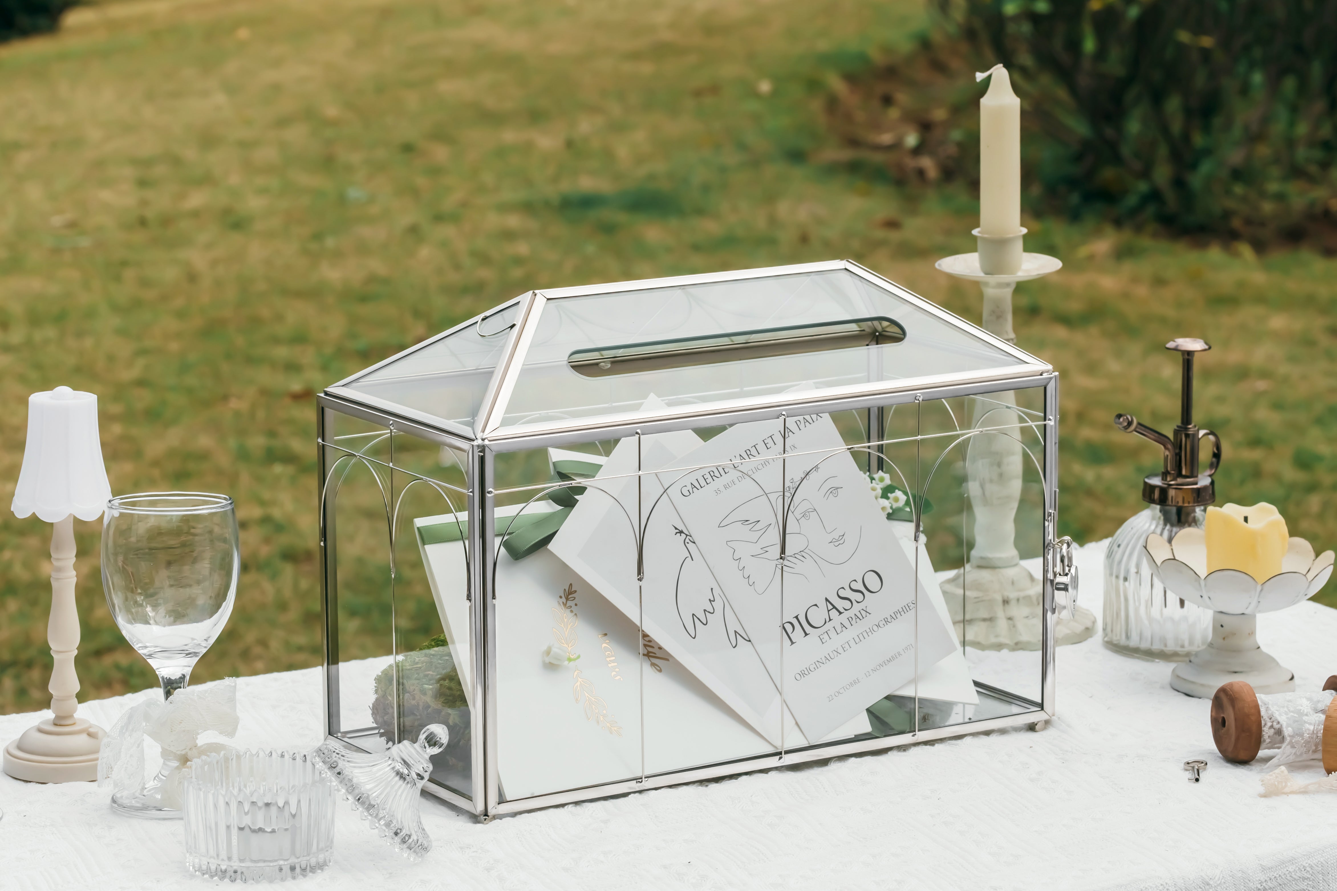 Vintage Silver Large Geometric Glass Card Box Terrarium with Slot, Heart Lock, Foot, Handmade Brass for Wedding Reception Wishwell Keepsake - NCYPgarden