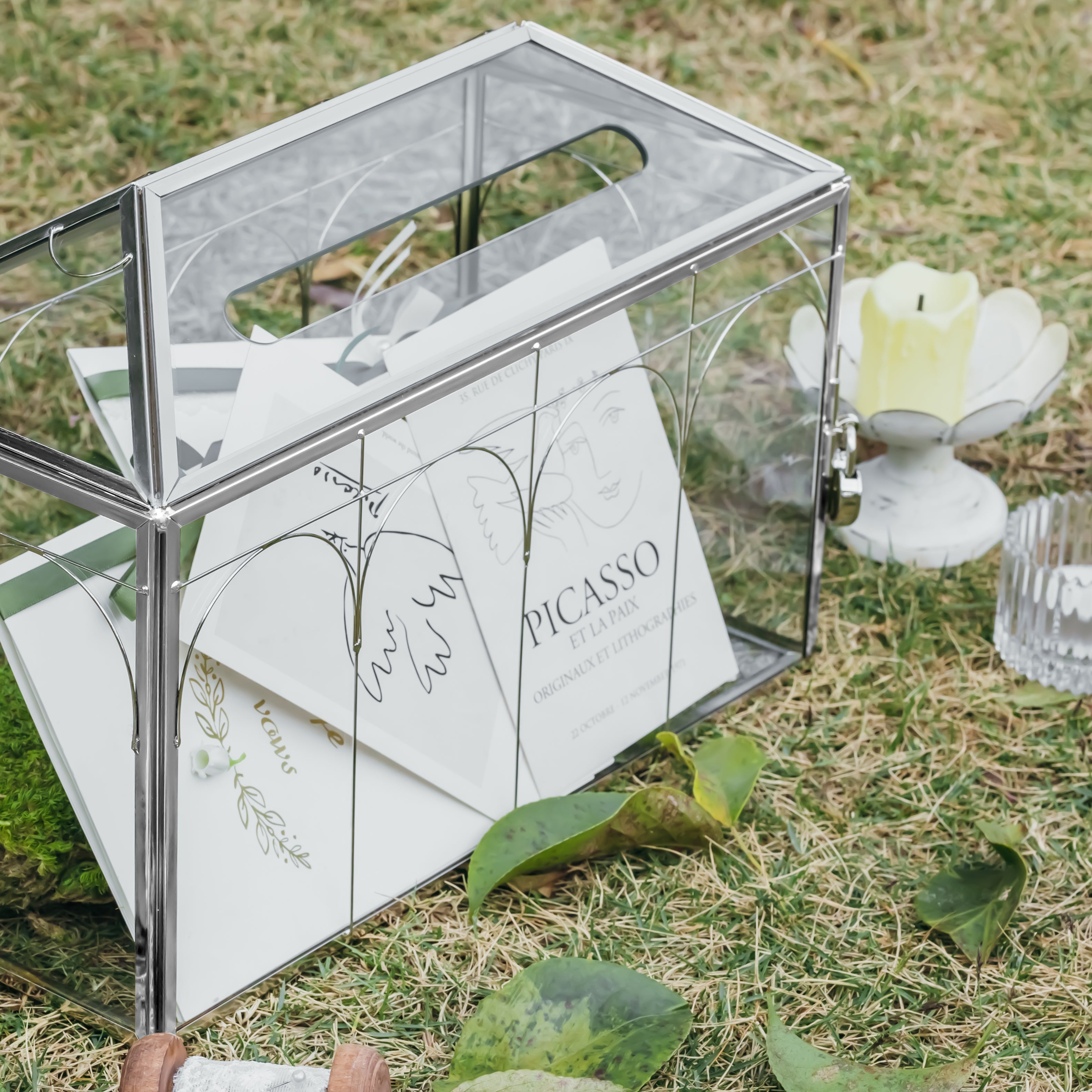 Vintage Silver Large Geometric Glass Card Box Terrarium with Slot, Heart Lock, Foot, Handmade Brass for Wedding Reception Wishwell Keepsake - NCYPgarden