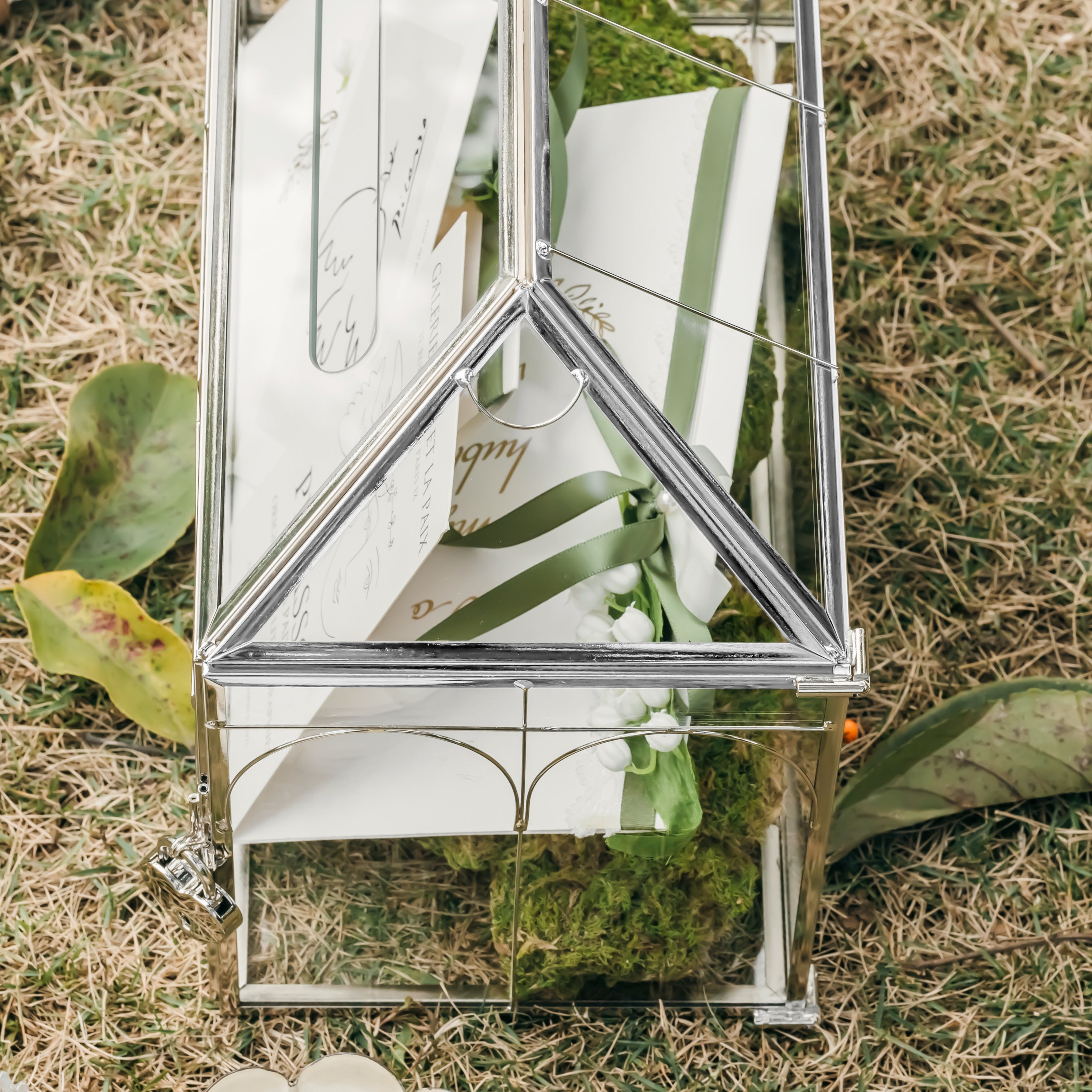 Vintage Silver Large Geometric Glass Card Box Terrarium with Slot, Heart Lock, Foot, Handmade Brass for Wedding Reception Wishwell Keepsake - NCYPgarden