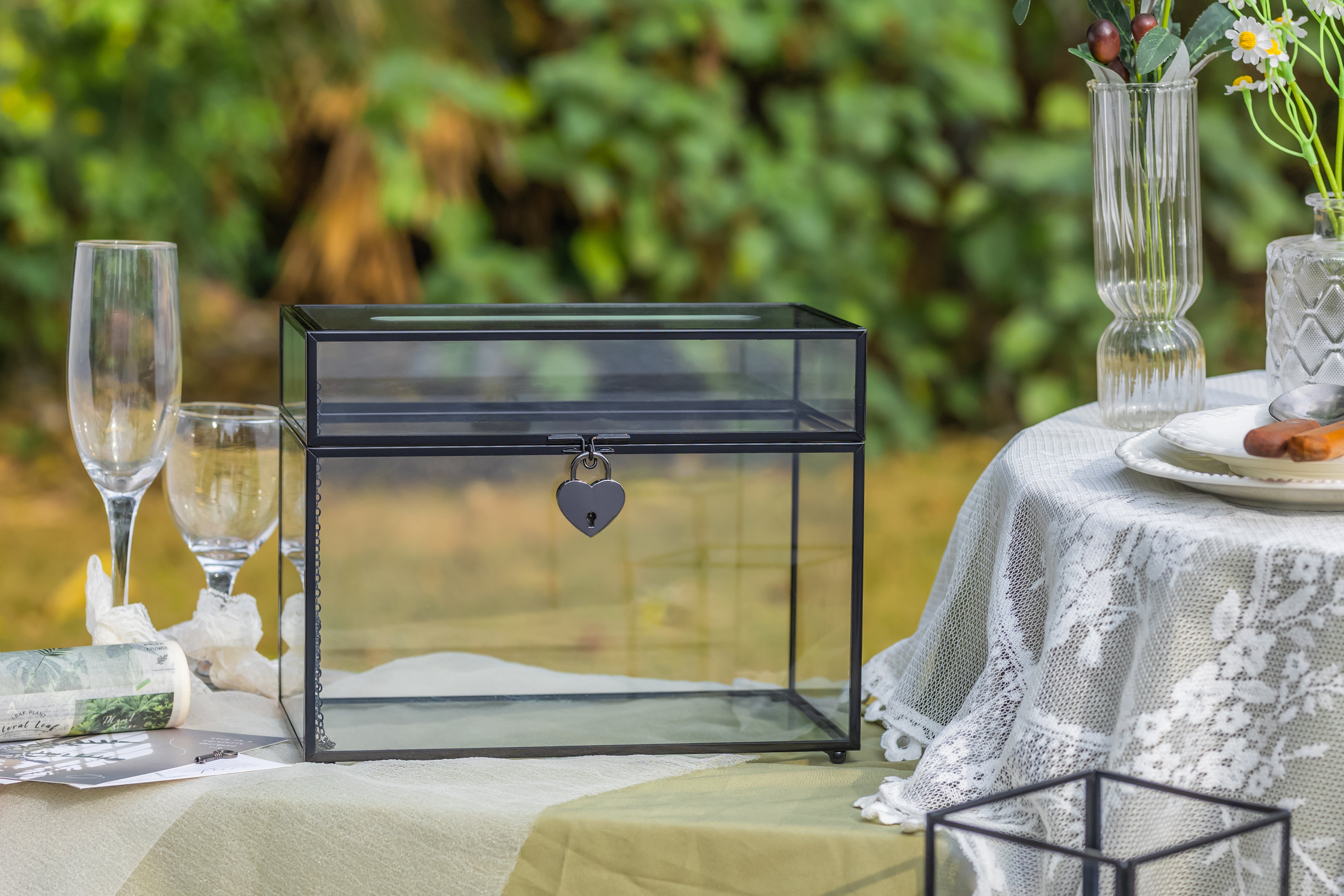 Lockable Black Geometric Glass Card Box Terrarium Foot Handmade Rectangular for Wedding Reception Wishwell Keepsake - NCYPgarden