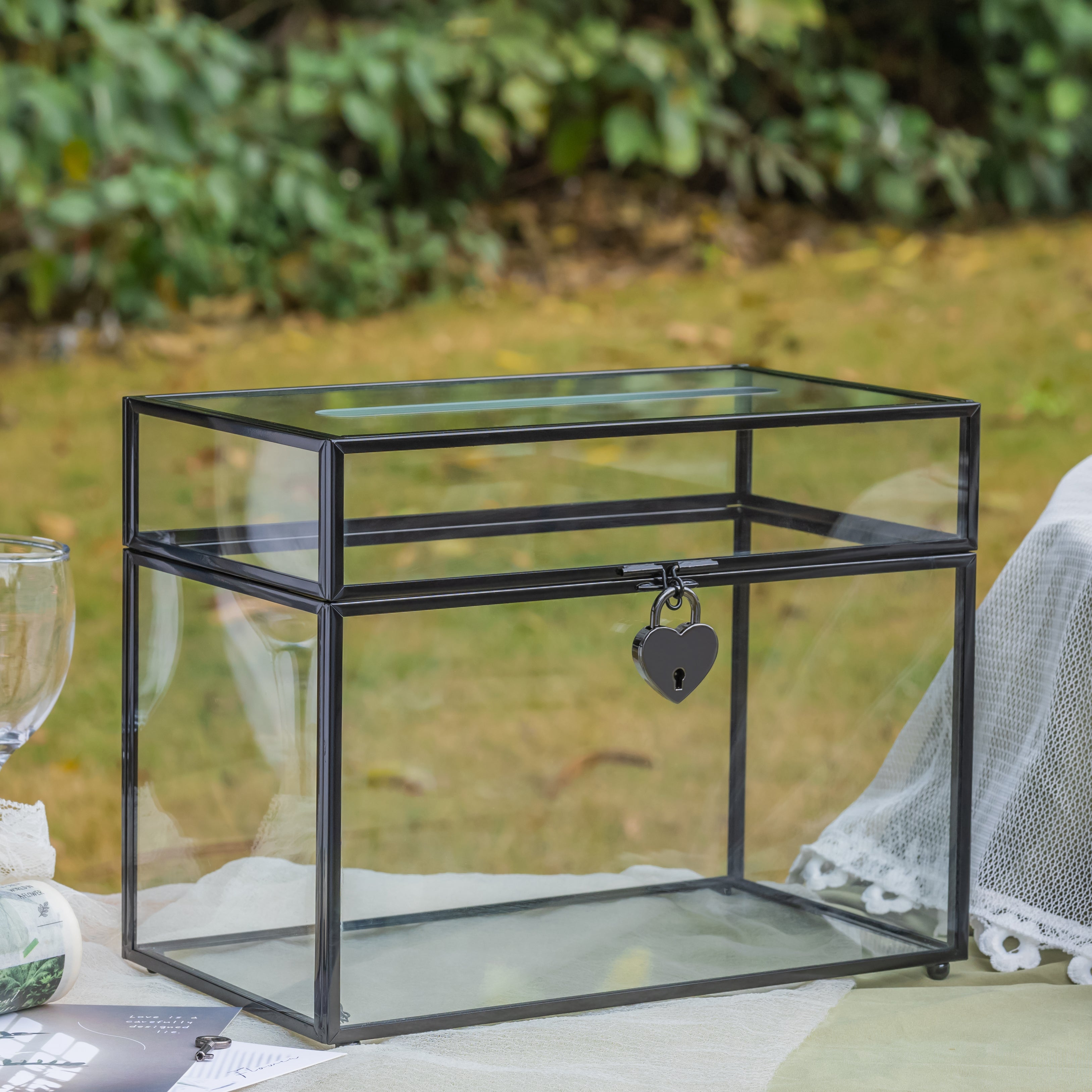 Lockable Black Geometric Glass Card Box Terrarium Foot Handmade Rectangular for Wedding Reception Wishwell Keepsake - NCYPgarden