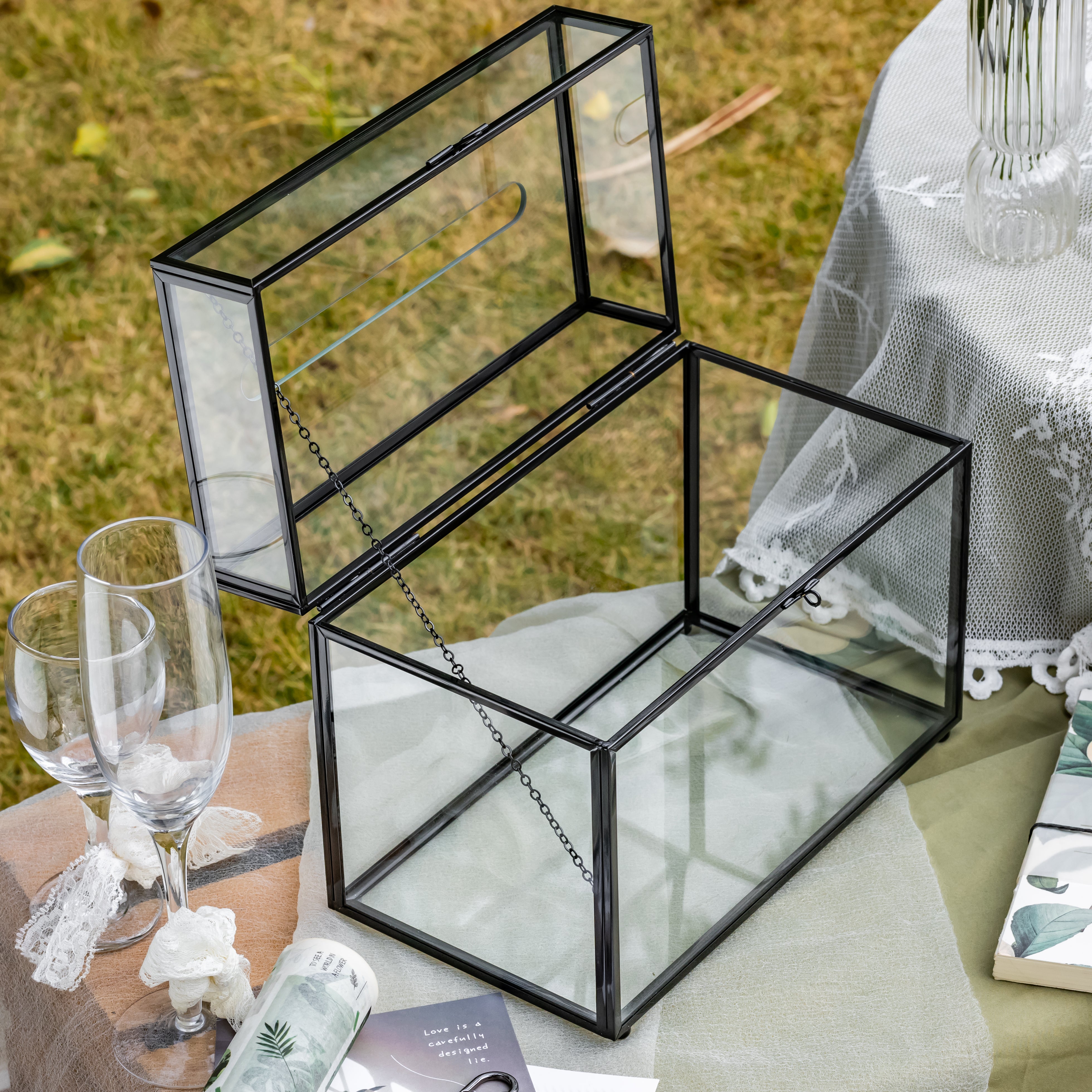 Lockable Black Geometric Glass Card Box Terrarium Foot Handmade Rectangular for Wedding Reception Wishwell Keepsake - NCYPgarden