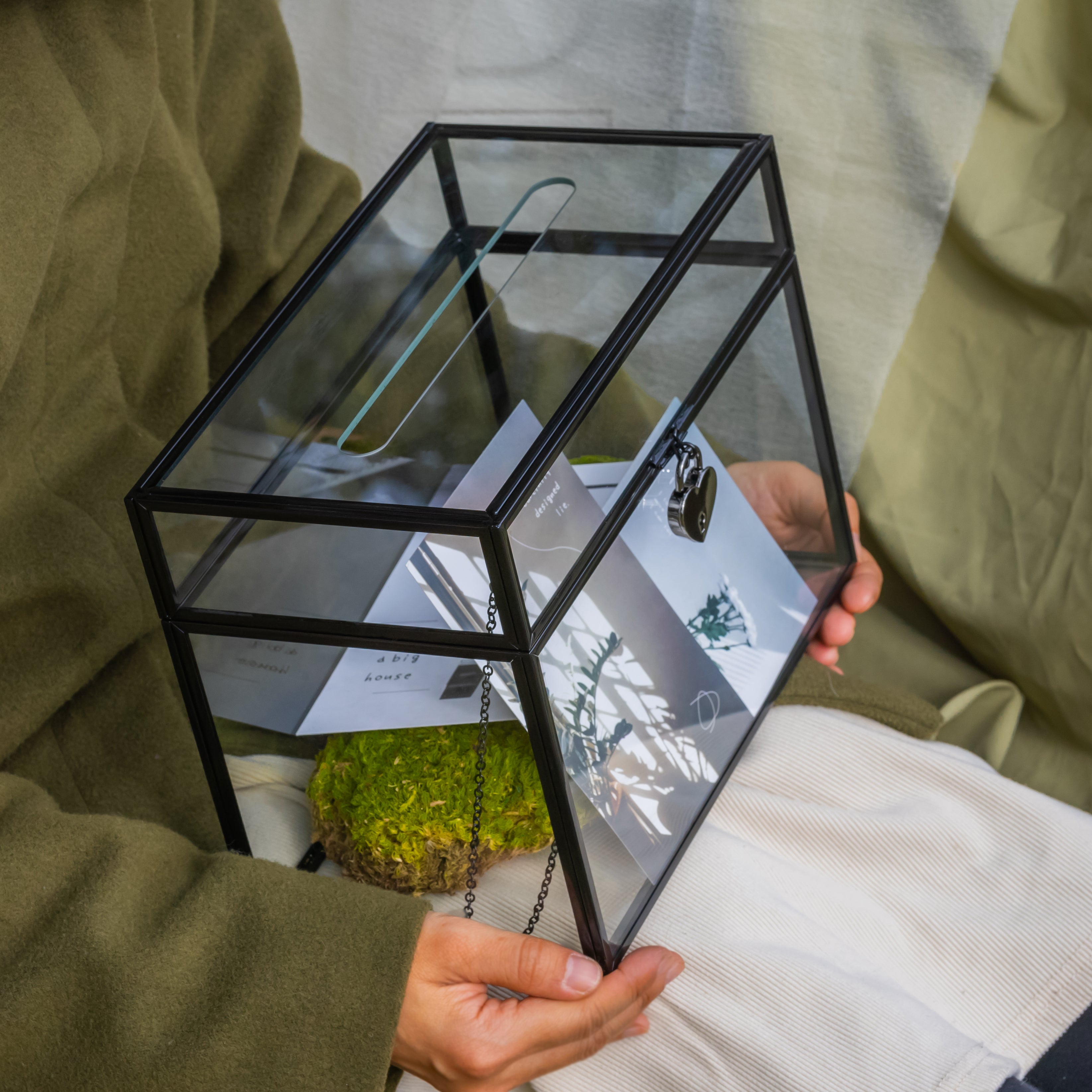 Lockable Black Geometric Glass Card Box Terrarium Foot Handmade Rectangular for Wedding Reception Wishwell Keepsake - NCYPgarden