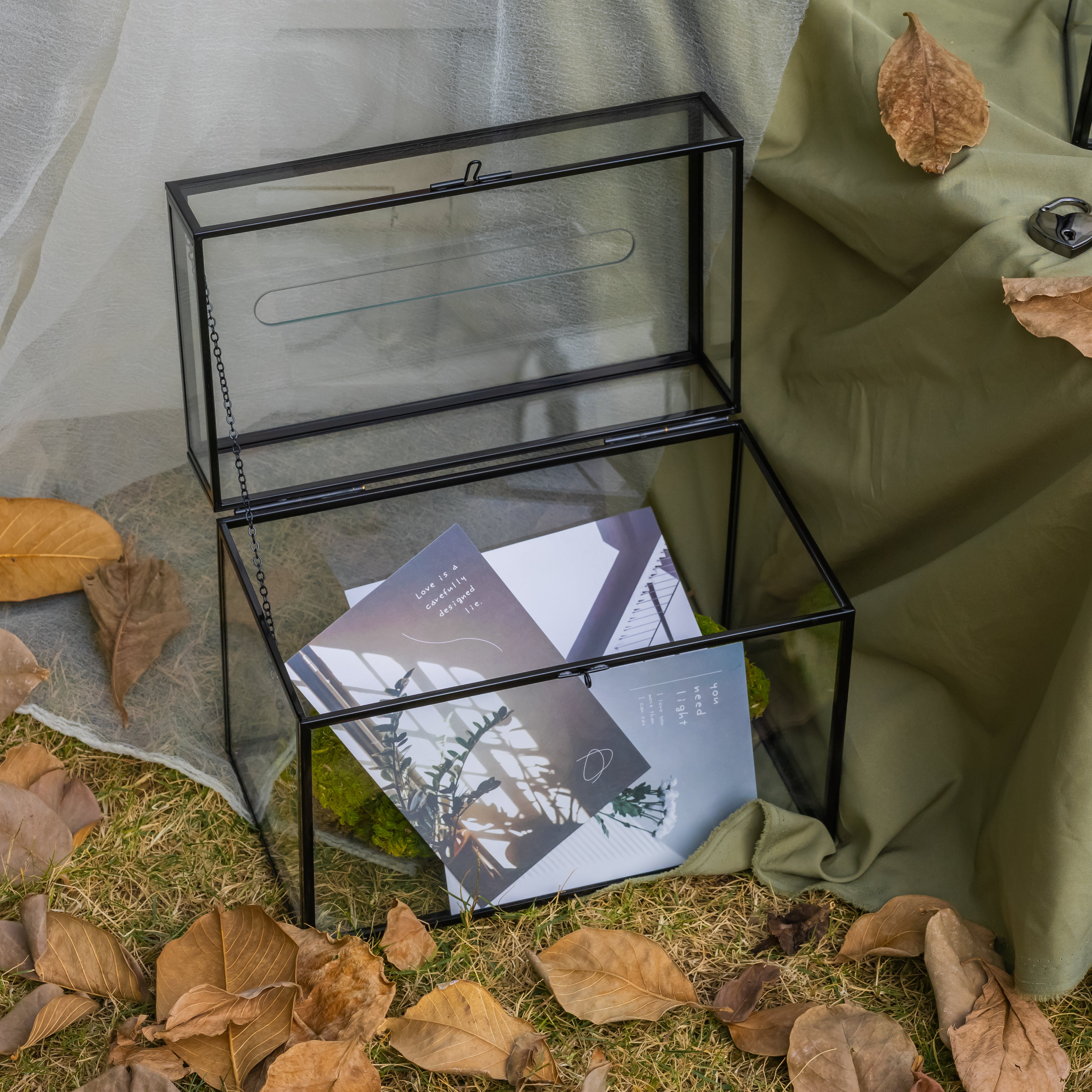 Lockable Black Geometric Glass Card Box Terrarium Foot Handmade Rectangular for Wedding Reception Wishwell Keepsake - NCYPgarden