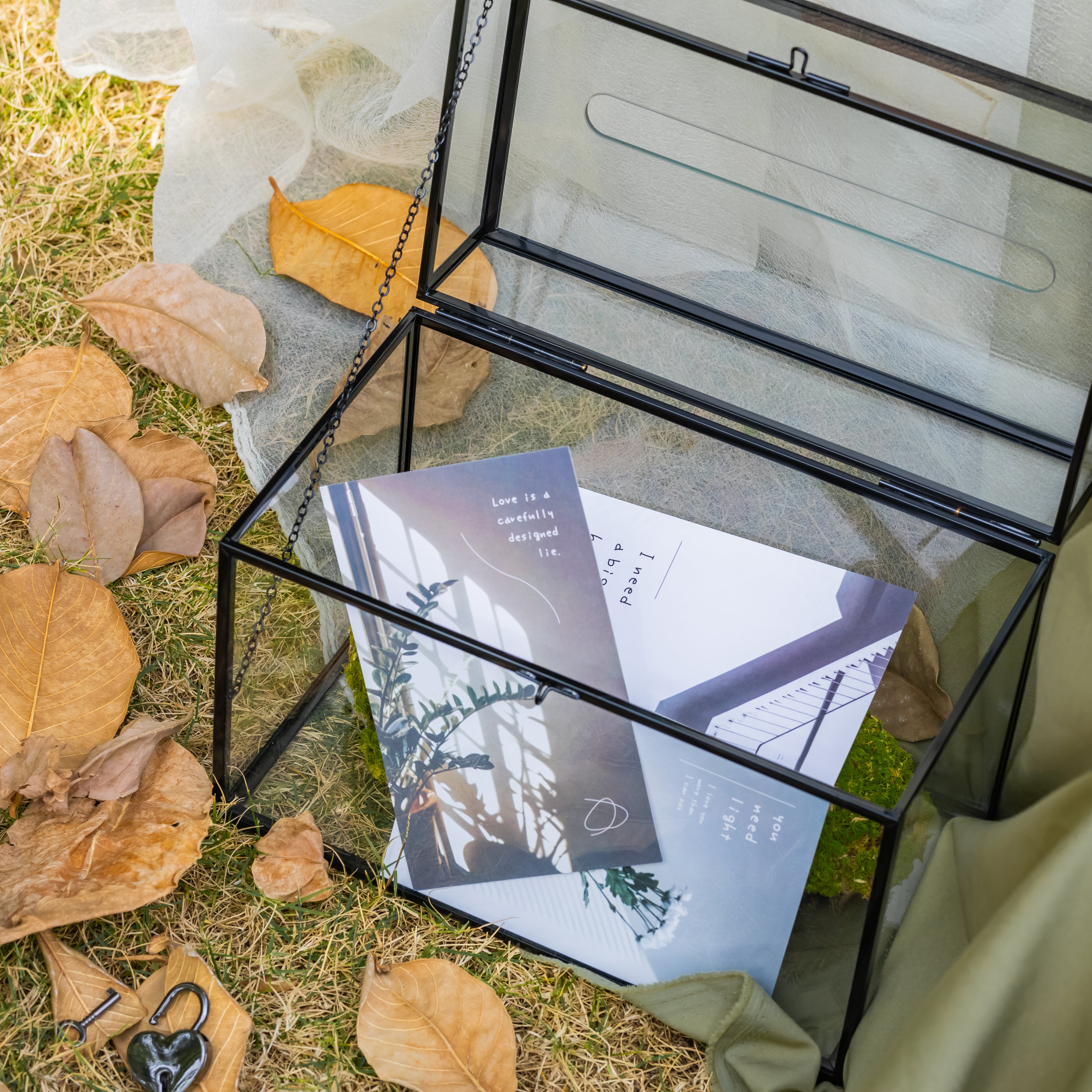 Lockable Black Geometric Glass Card Box Terrarium Foot Handmade Rectangular for Wedding Reception Wishwell Keepsake - NCYPgarden